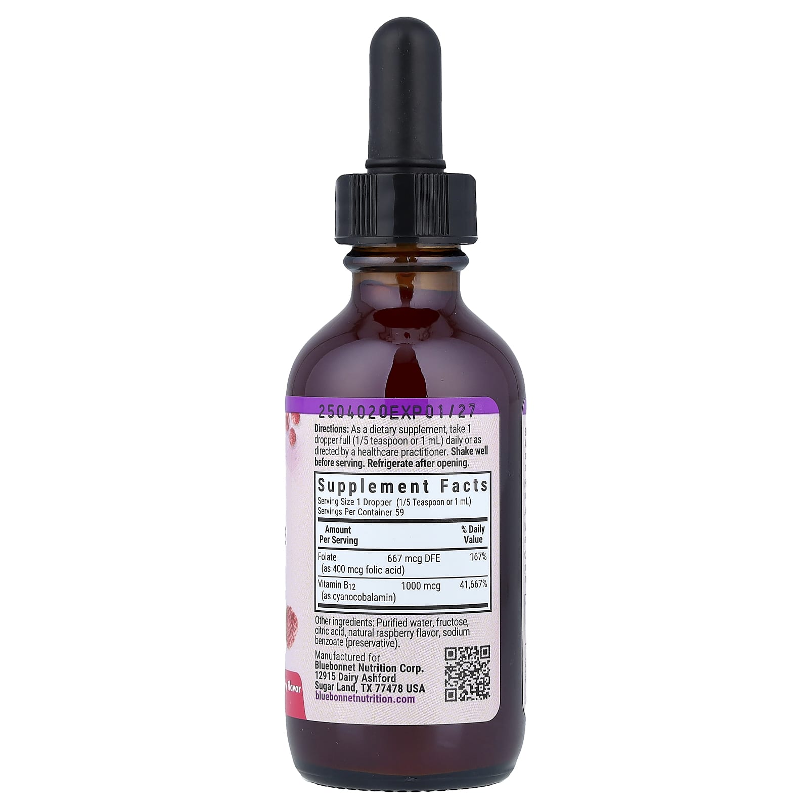 Bluebonnet Nutrition Liquid Vitamin B-12 & Folic Acid – Raspberry – 59 ml — photo 2 sur 2