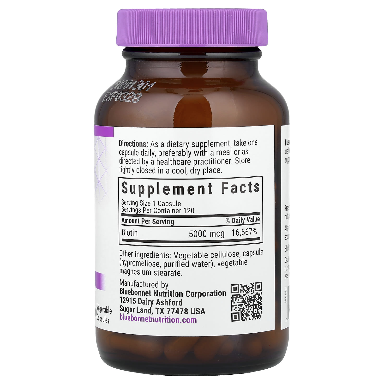 Bluebonnet Nutrition Biotin – 120 gélules végétales – 5000 µg — photo 2 sur 2