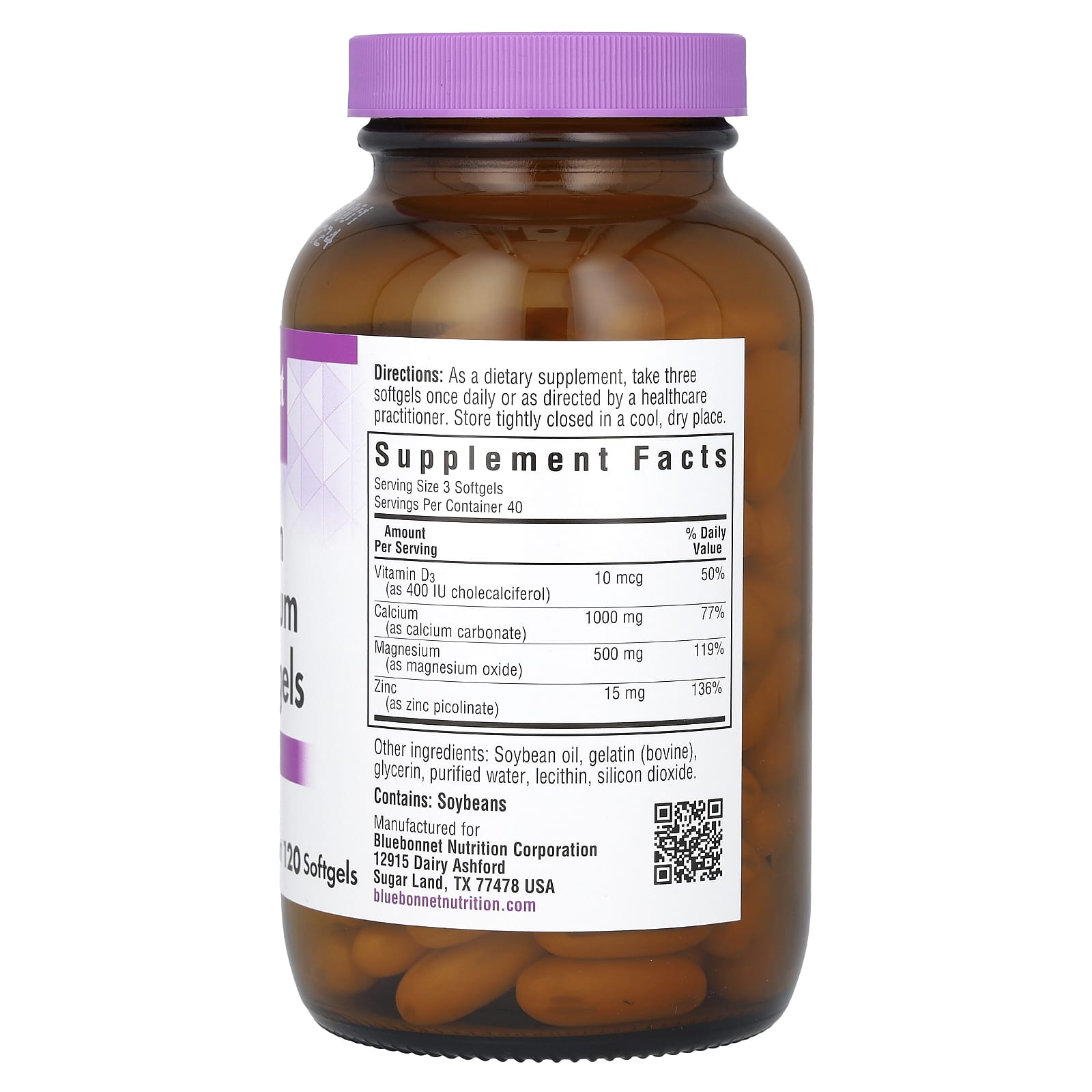 Bluebonnet Nutrition Calcium Magnesium Zinc – 120 capsules molles — photo 2 sur 2