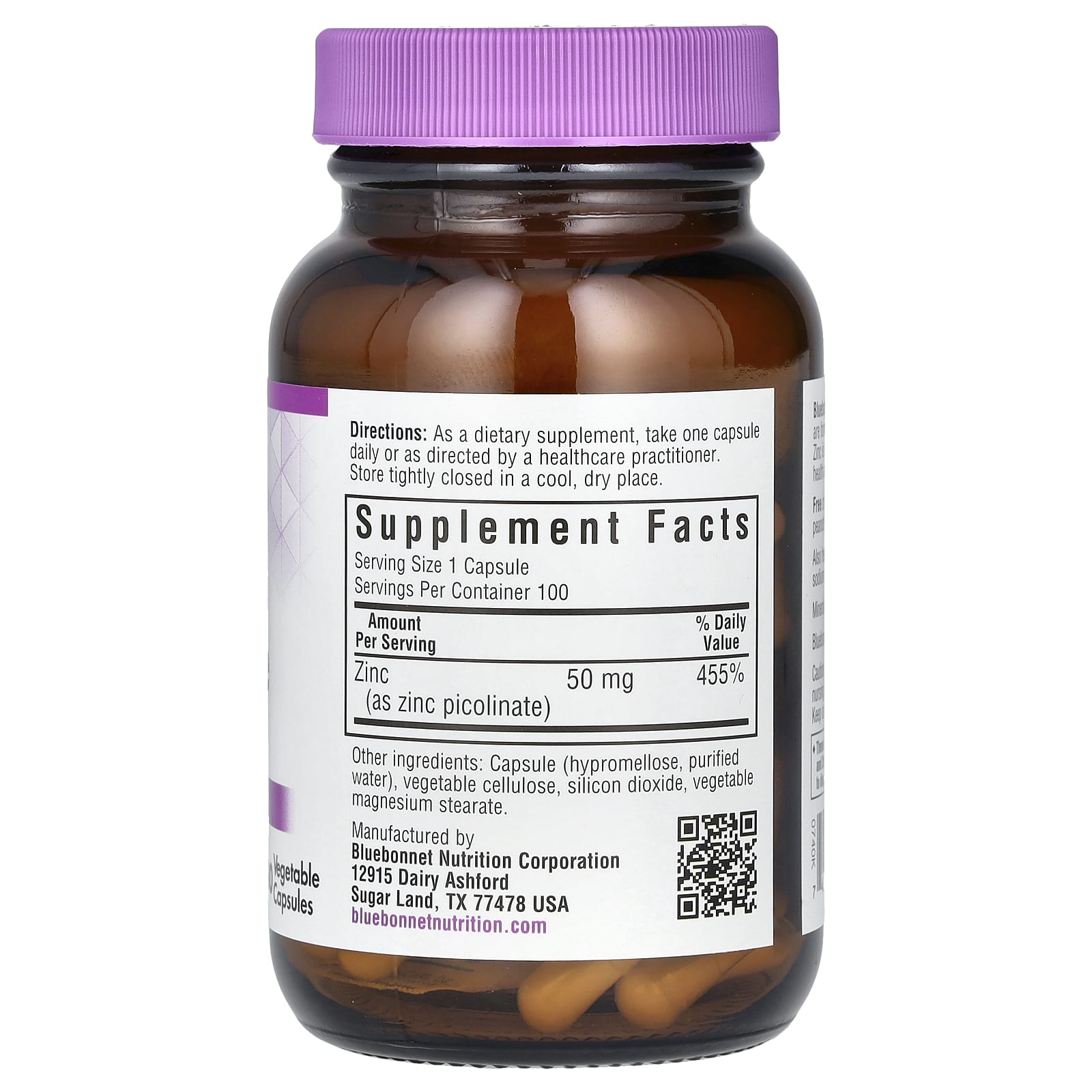 Bluebonnet Nutrition Zinc Picolinate – 100 gélules végétales – 50 mg — photo 2 sur 2