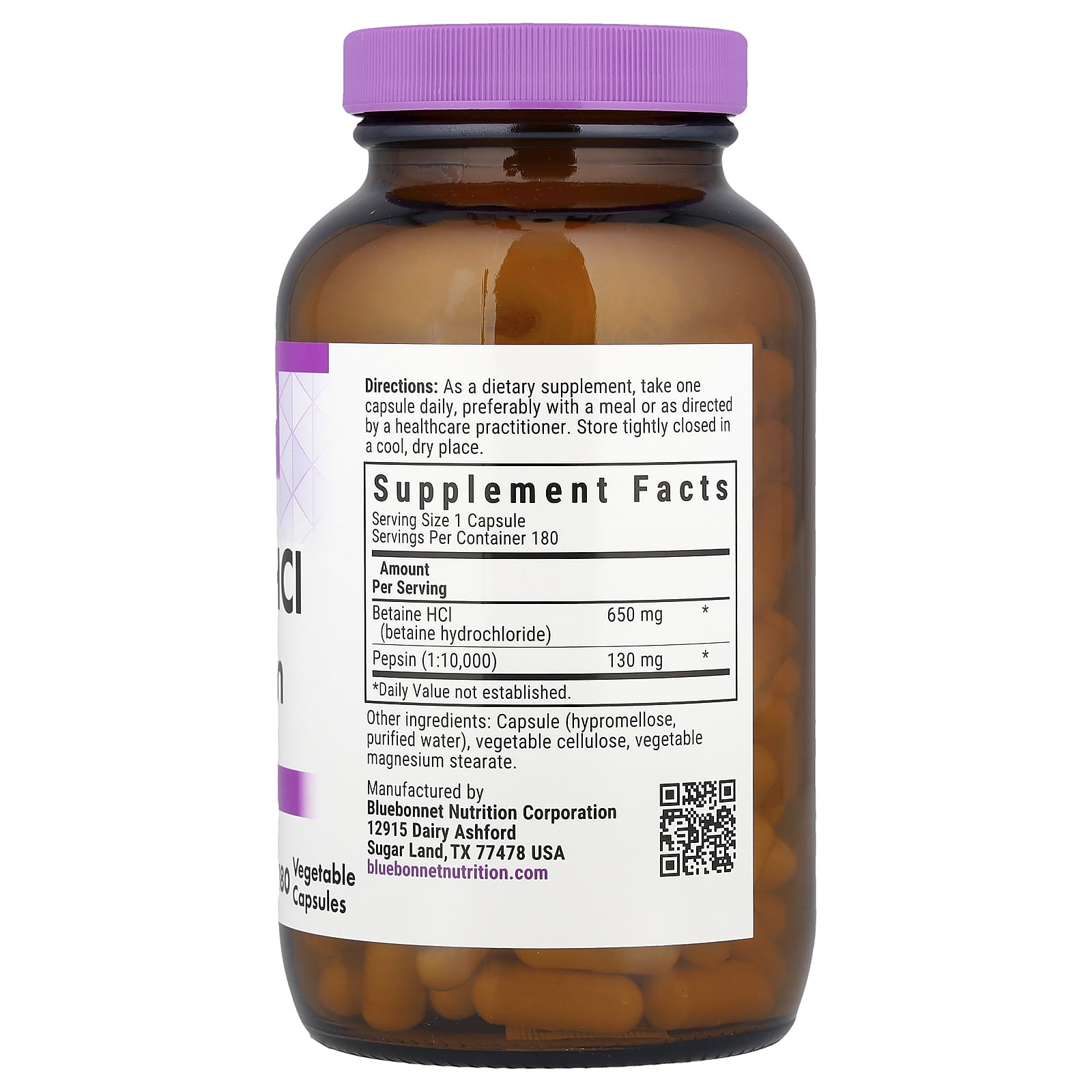 Bluebonnet Nutrition Betaine HCl & Pepsin, 180 Vegetable Capsules — photo 2 sur 2