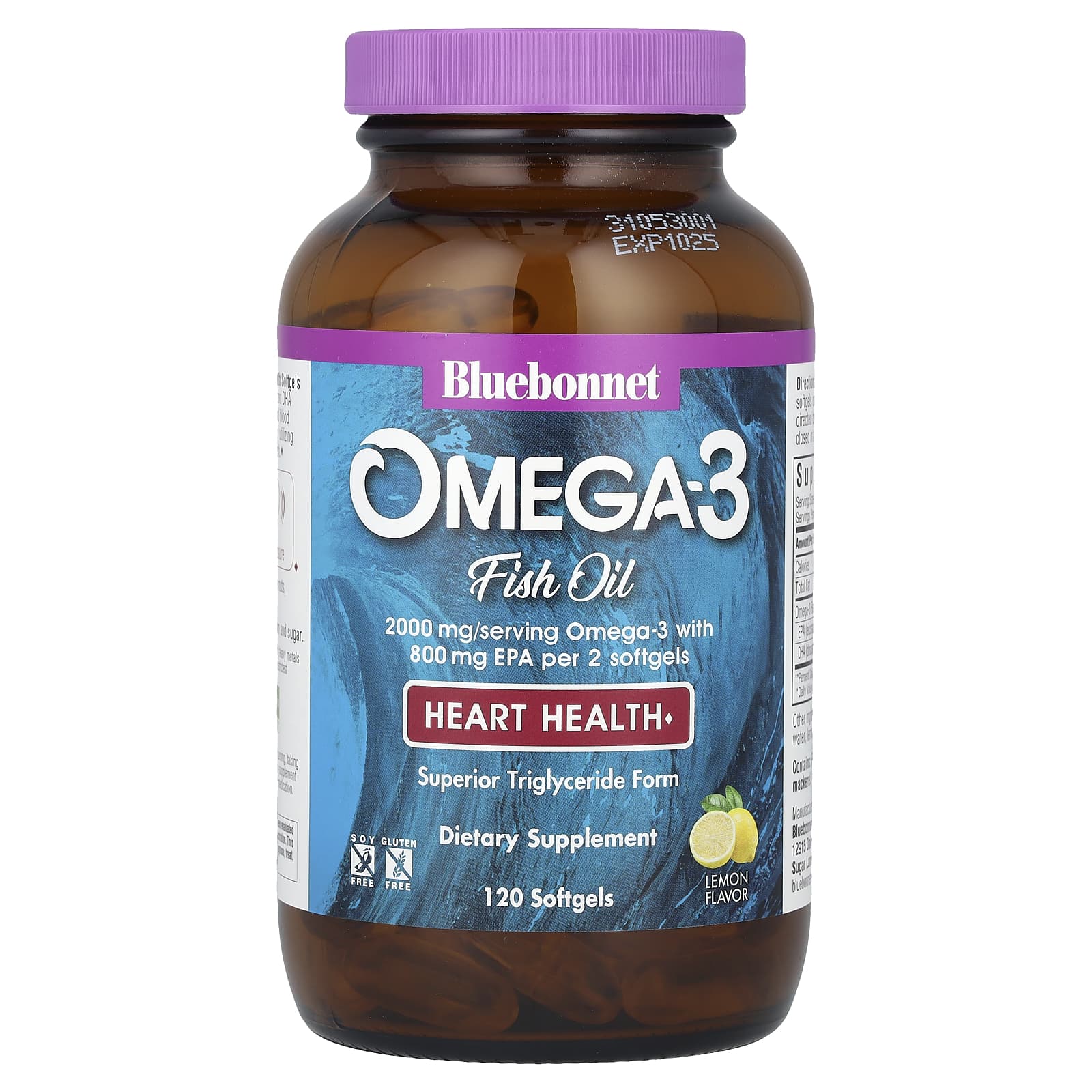 Bluebonnet Nutrition Omega-3 Fish Oil, Heart Health – Lemon – 120 capsules molles — étiquette 1