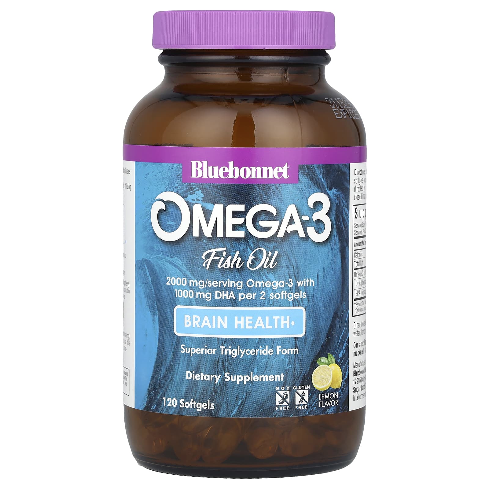 Bluebonnet Nutrition Omega-3 Fish Oil – Lemon – 120 capsules molles — étiquette 1