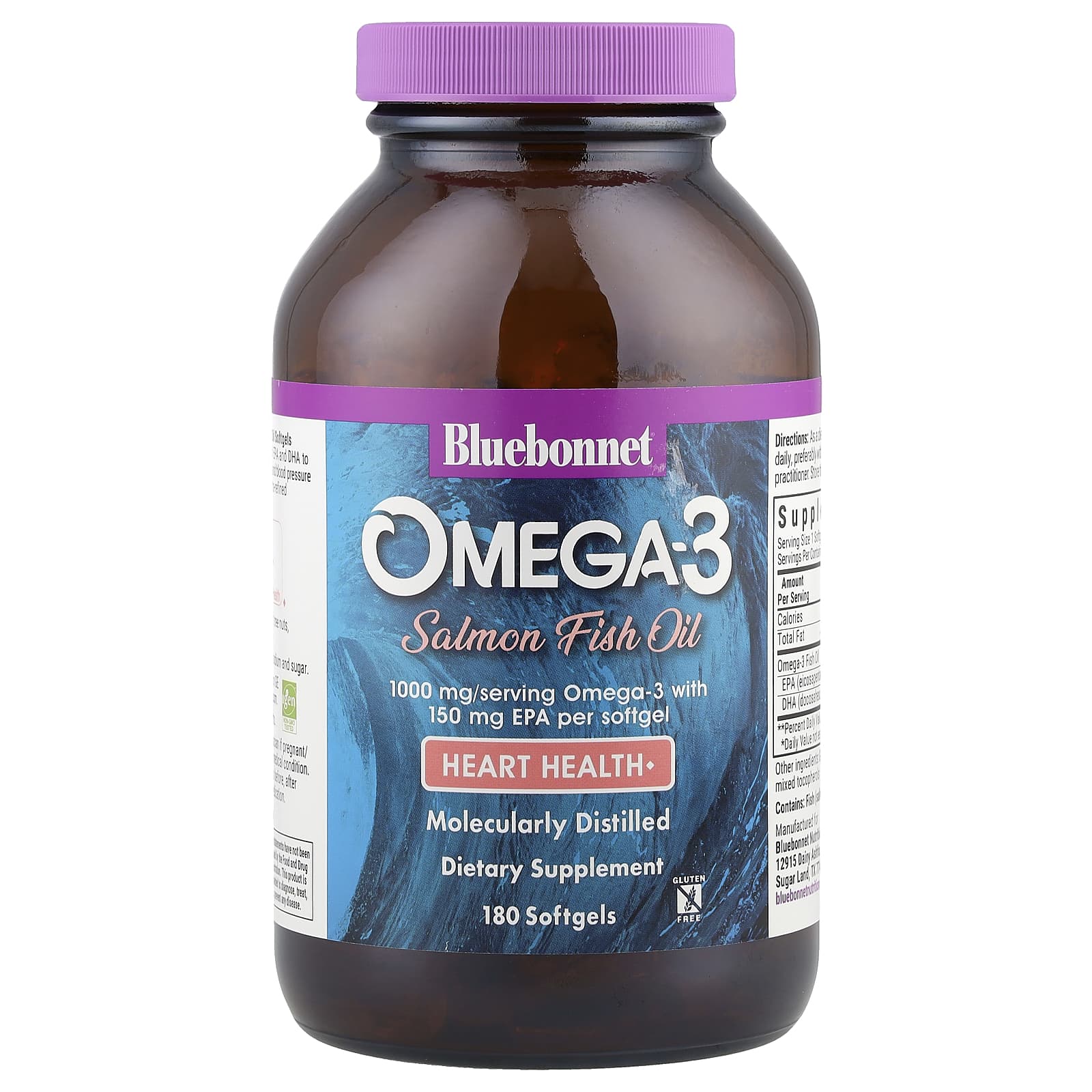 Bluebonnet Nutrition Omega-3 Salmon Fish Oil – 180 capsules molles — étiquette 1