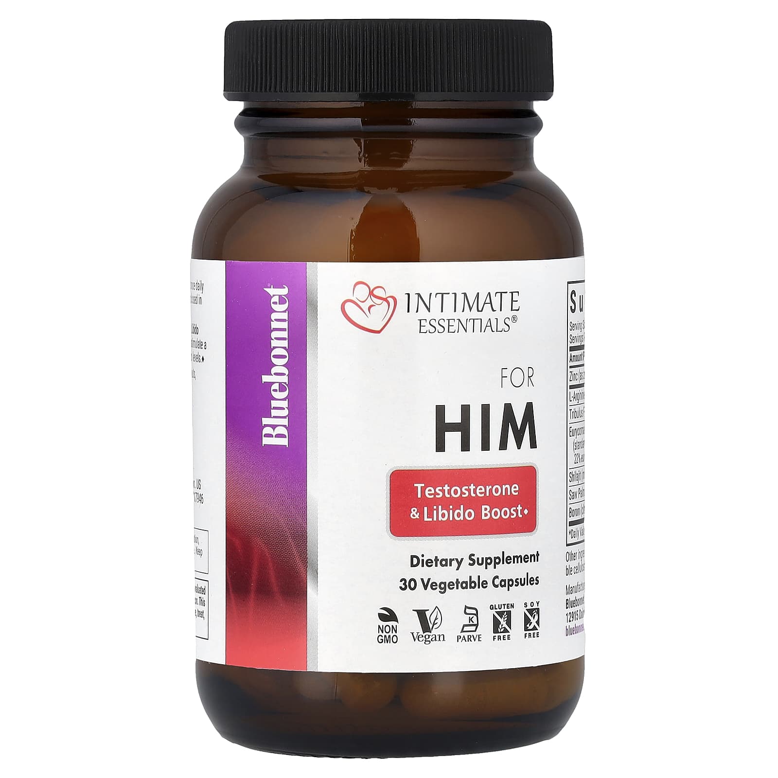 Bluebonnet Nutrition Intimate Essentials, For Him, Testosterone & Libido Boost, 30 Vegetable Capsules — étiquette 1