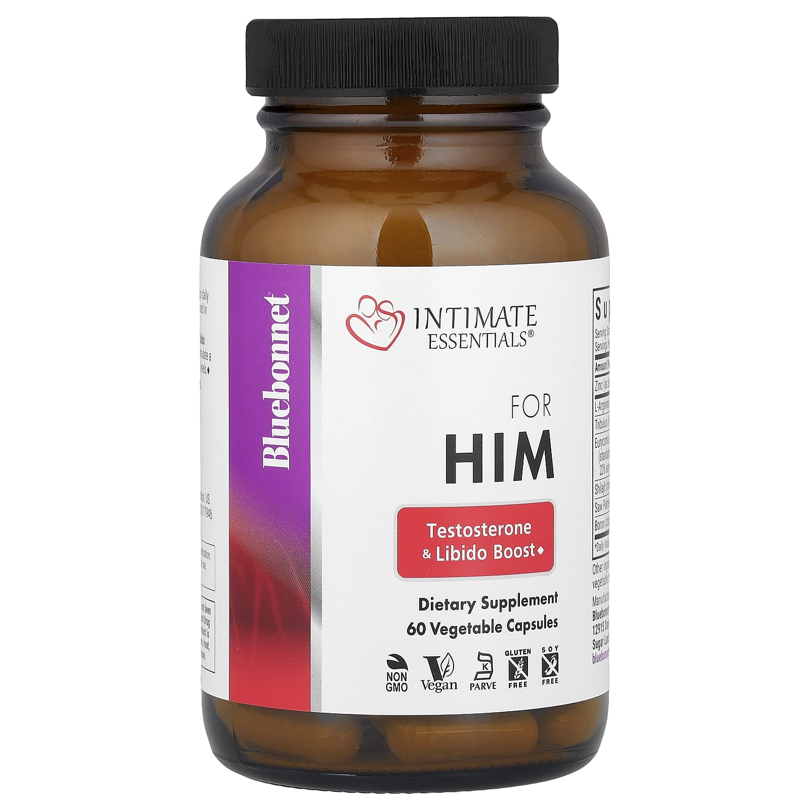 Bluebonnet Nutrition Intimate Essentials, For Him, Testosterone & Libido Boost, 60 Vegetable Capsules — étiquette 1