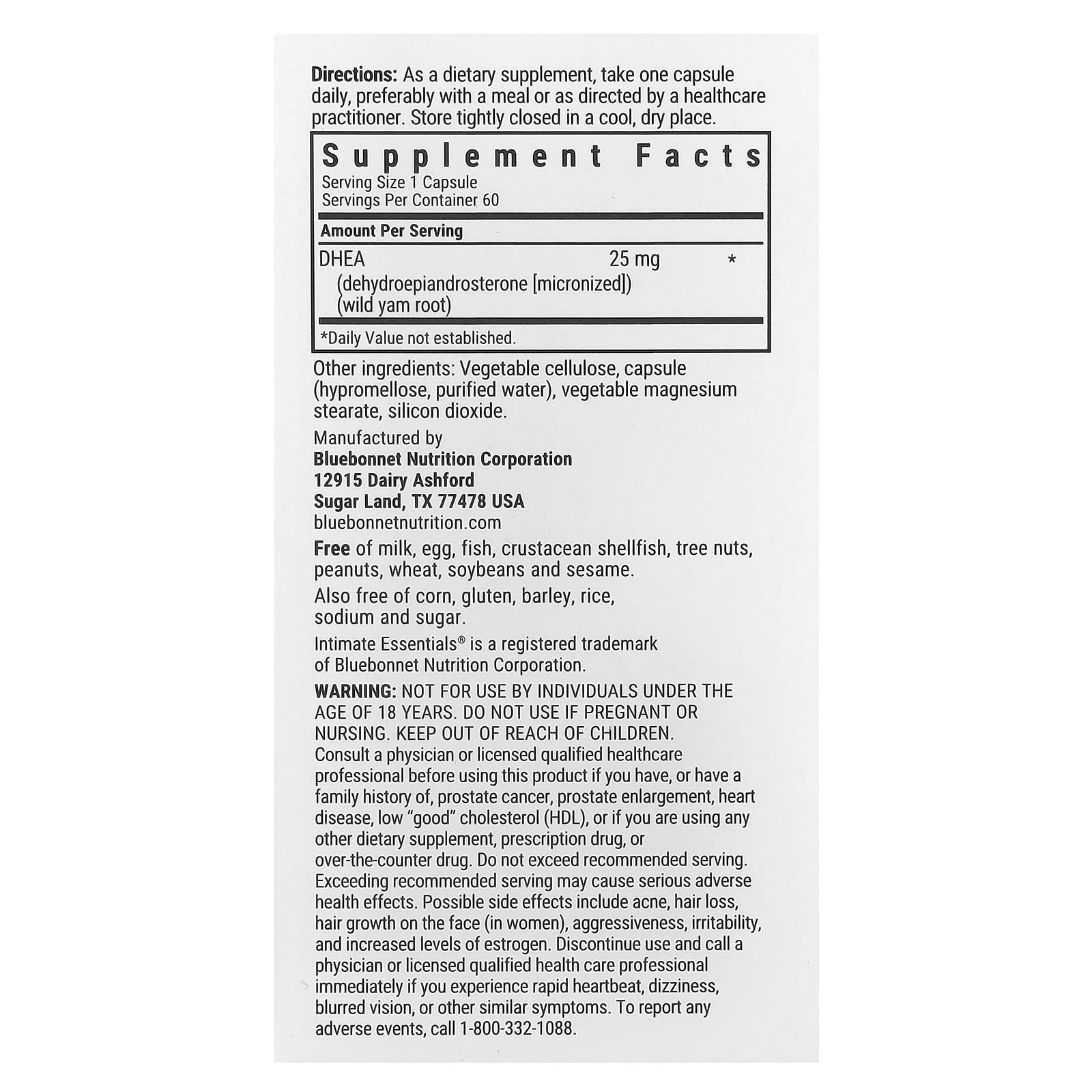 Bluebonnet Nutrition Intimate Essentials, DHEA, For Him & For Her – 25 mg — photo 2 sur 2