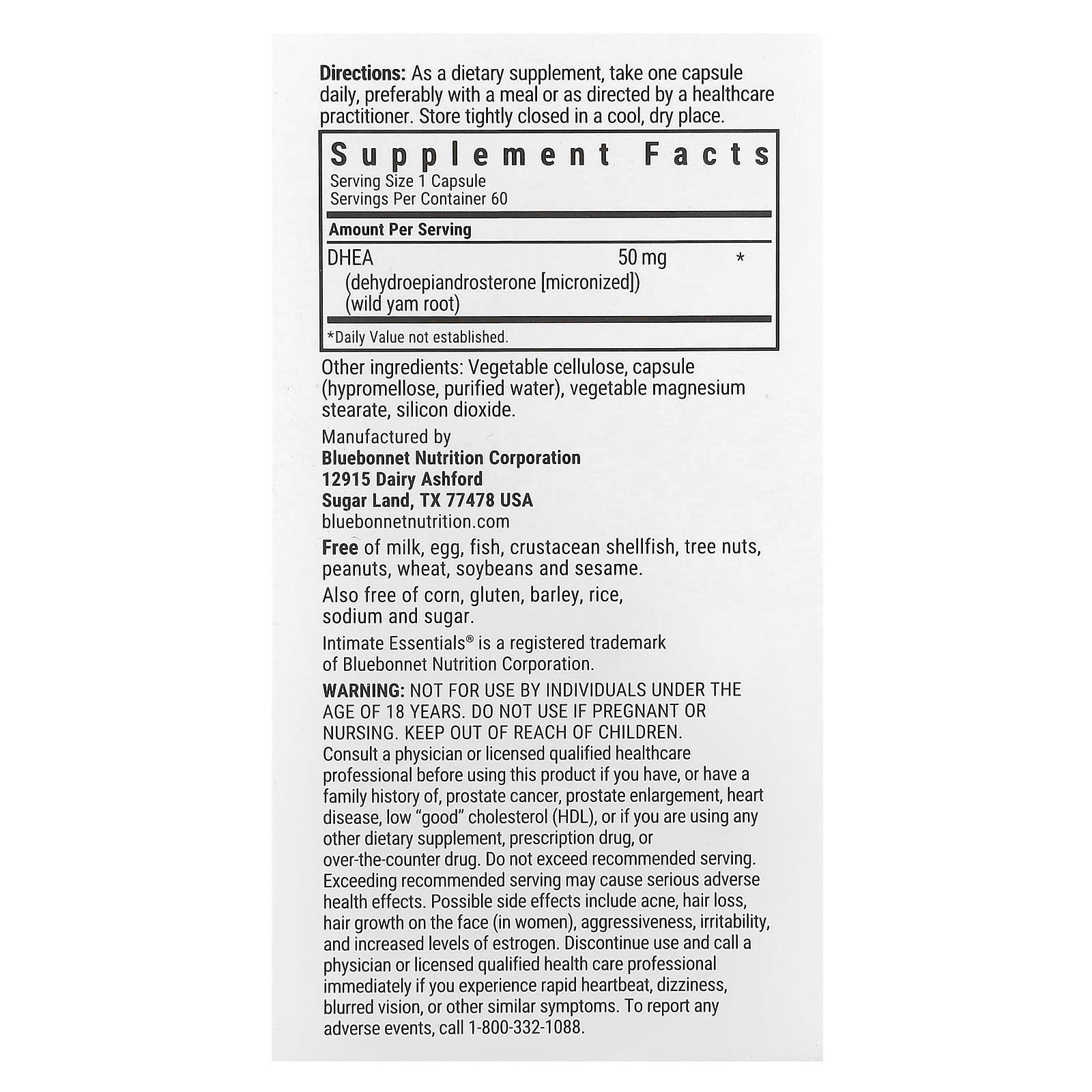 Bluebonnet Nutrition Intimate Essentials, DHEA, For Him & For Her – 50 mg — photo 2 sur 2