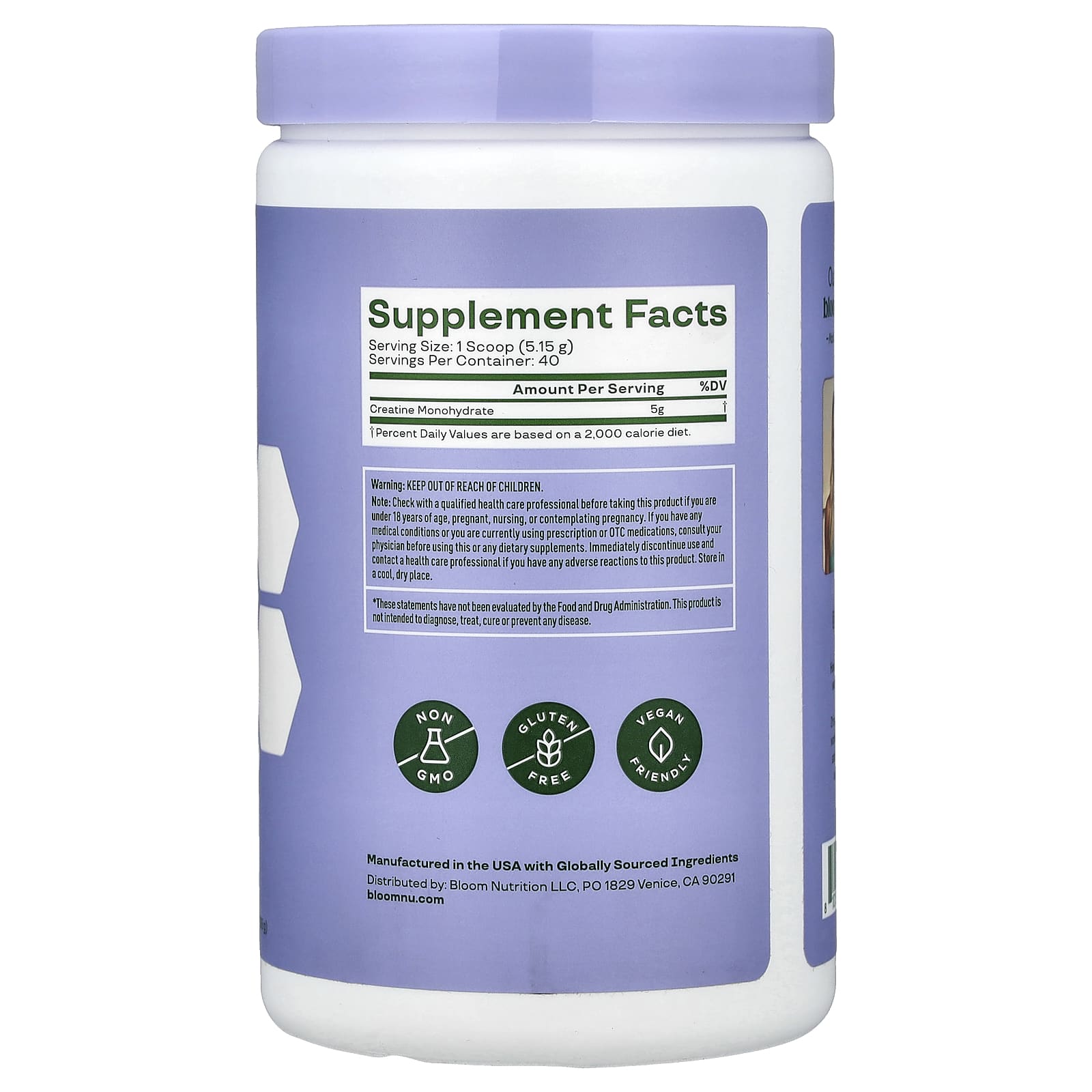 Bloom Creatine Monohydrate – Sans arôme – 206 g — photo 2 sur 2