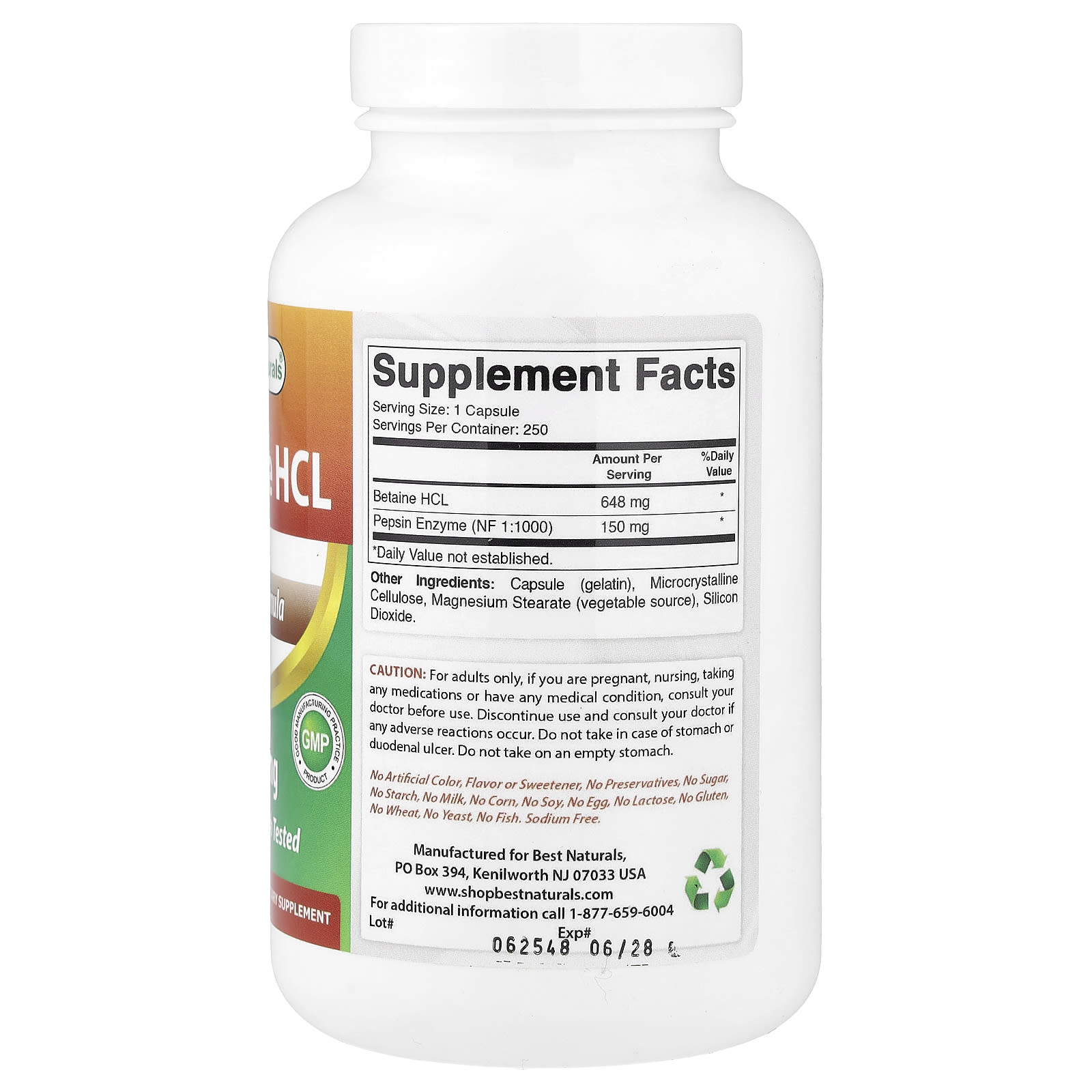 Best Naturals Betaine HCL – 250 gélules — photo 2 sur 2