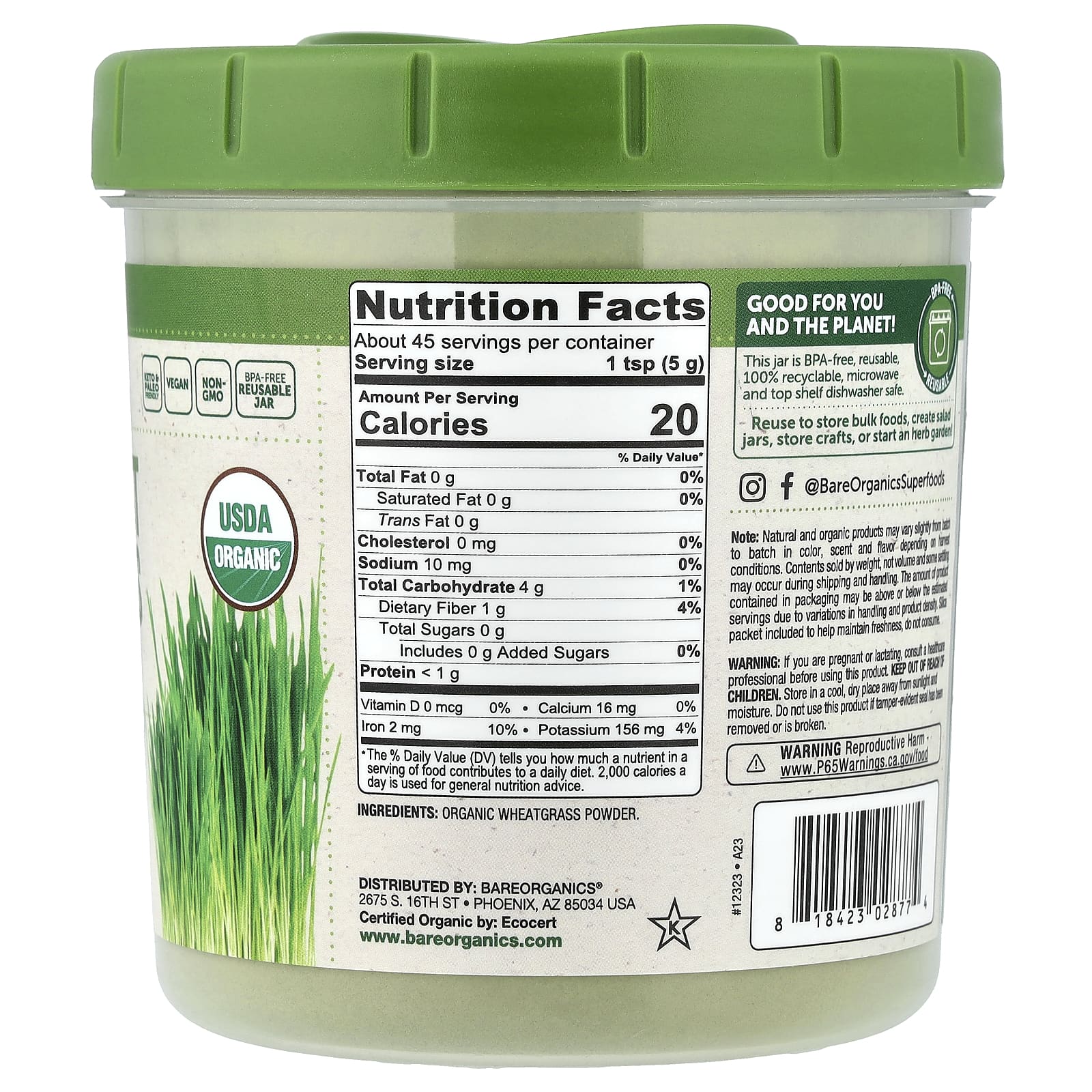 BareOrganics Raw Organic Wheatgrass Powder – 227 g — photo 2 sur 2