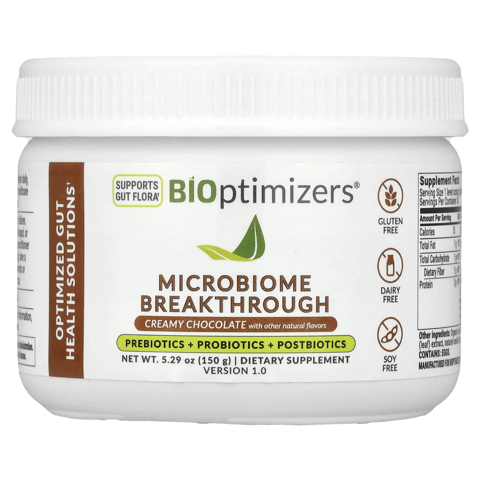 BIOptimizers Microbiome Breakthrough, Prebiotics + Probiotics + Postbiotics – Creamy Chocolate – 150 g — Tunisie