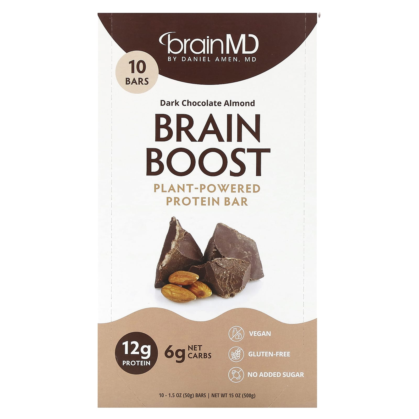 BrainMD Brain Boost, Plant-Powered Protein Bar – Dark Chocolate Almond – 50 g — Tunisie