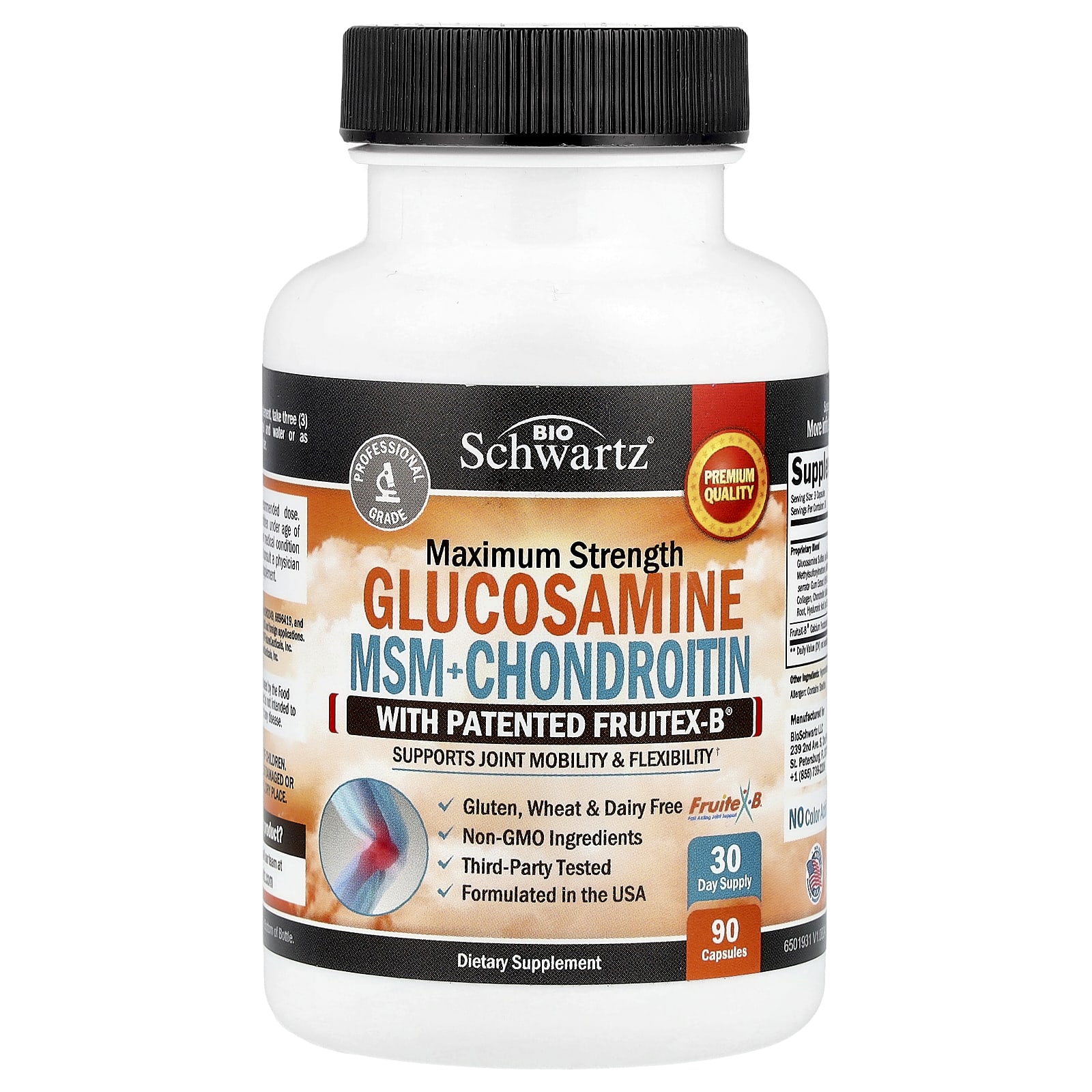 BioSchwartz Glucosamine MSM + Chondroitin with Patented Fruitex-B, Maximum Strength – Glucosamine MSM + Chondroitin with Patented Fruitex-B – 90 gélules — Tunisie