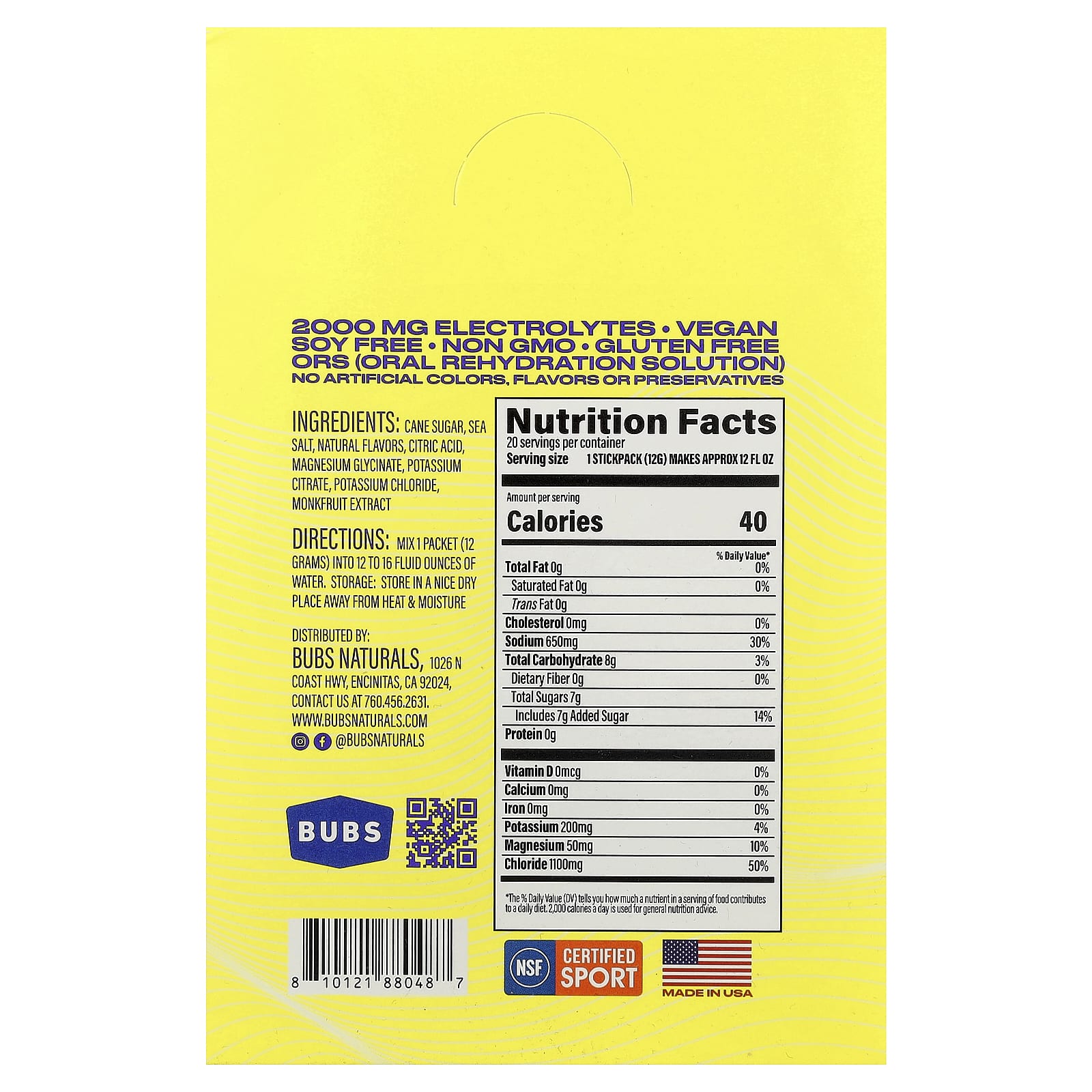 BUBS Naturals Hydrate or Die, Electrolytes Drink Mix – Lemon – 20 sachets — photo 2 sur 2