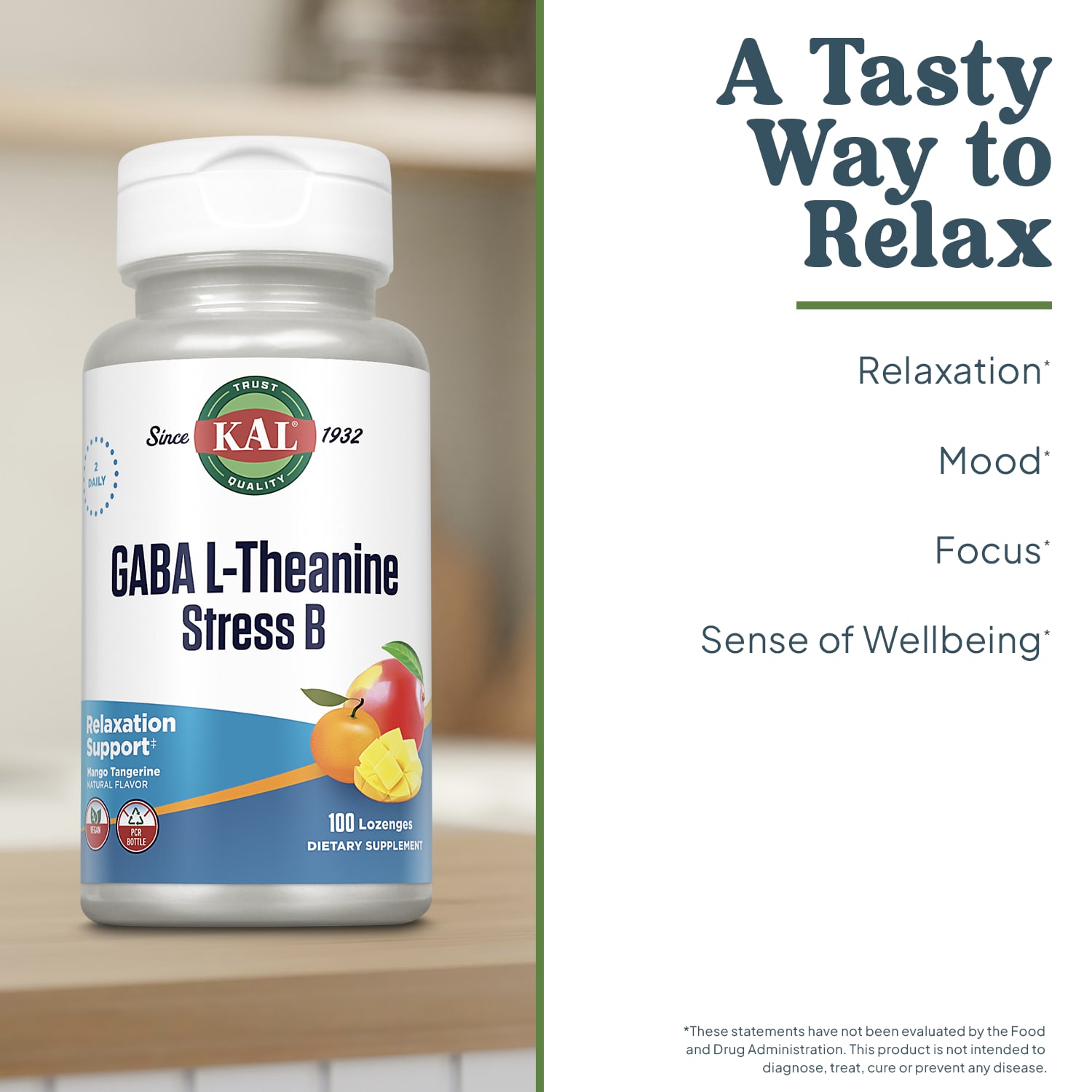 KAL GABA L-Theanine Stress B – Mango Tangerine – 100 pastilles — étiquette 1