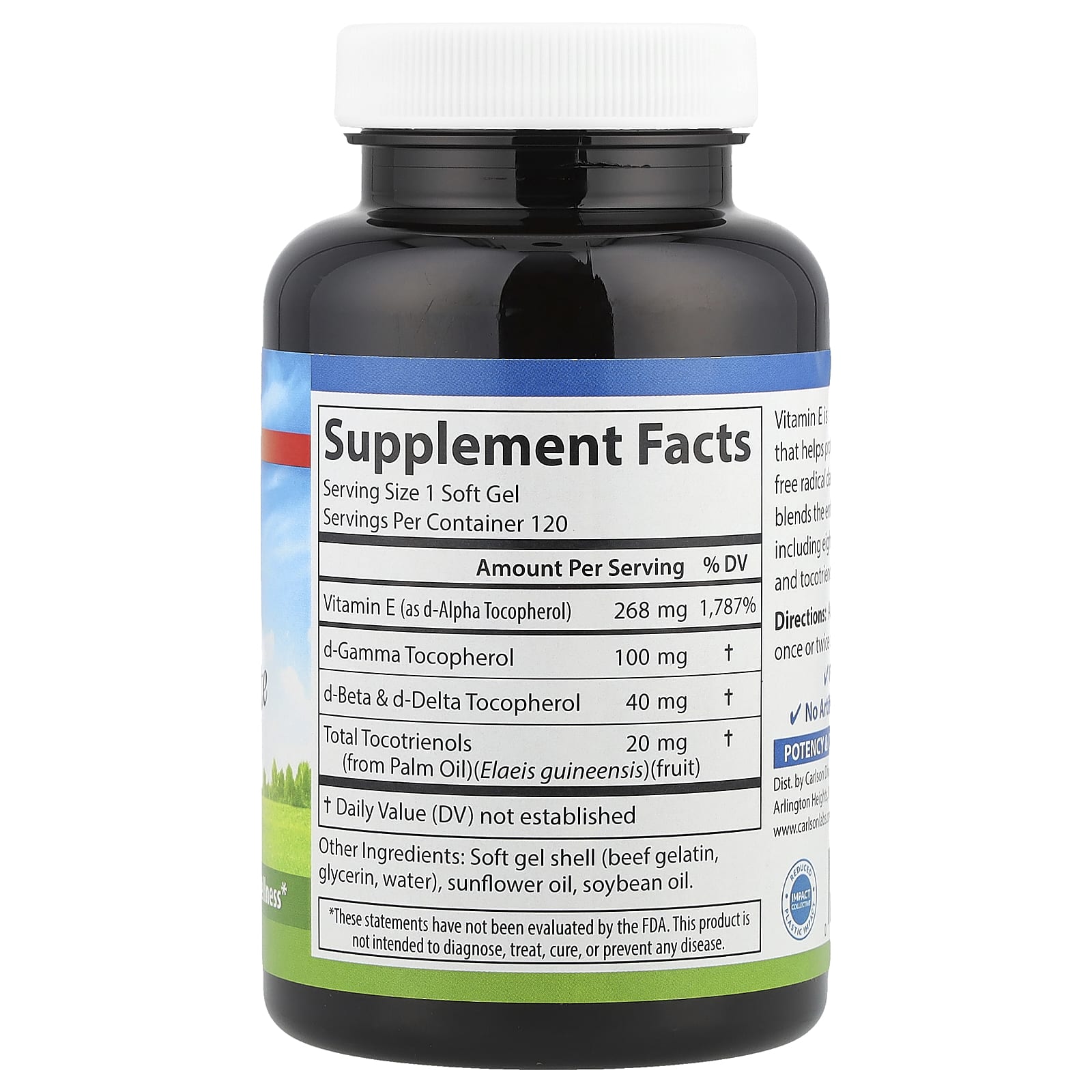 Carlson E-Gems Elite, Vitamin E with Tocopherols & Tocotrienols – 120 capsules molles — photo 2 sur 2