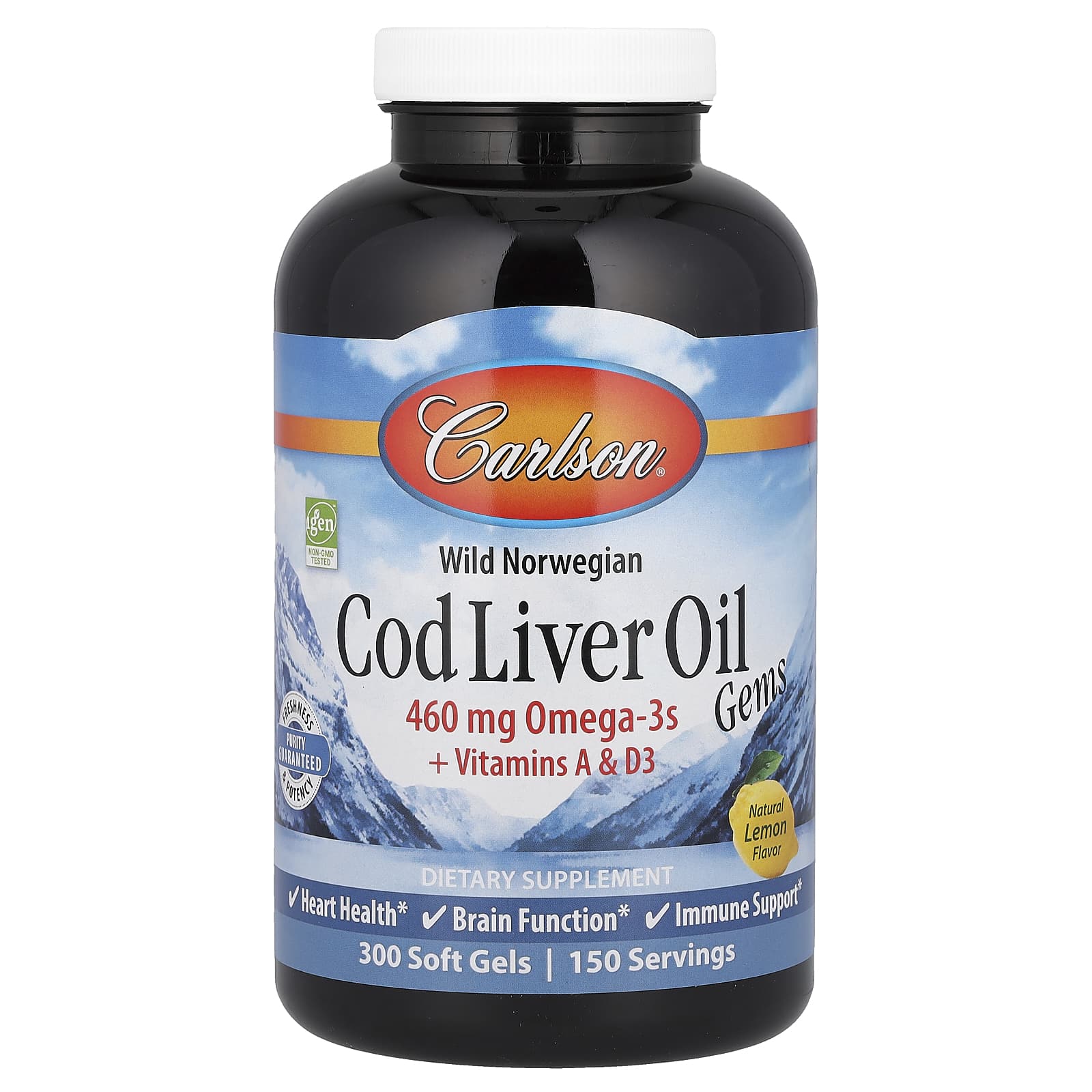 Carlson Wild Norwegian, Cod Liver Oil Gems – Natural Lemon – 300 capsules molles — Tunisie