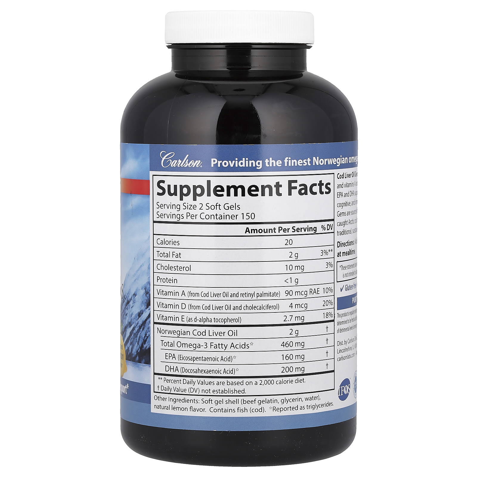 Carlson Wild Norwegian, Cod Liver Oil Gems – Natural Lemon – 300 capsules molles — photo 2 sur 2