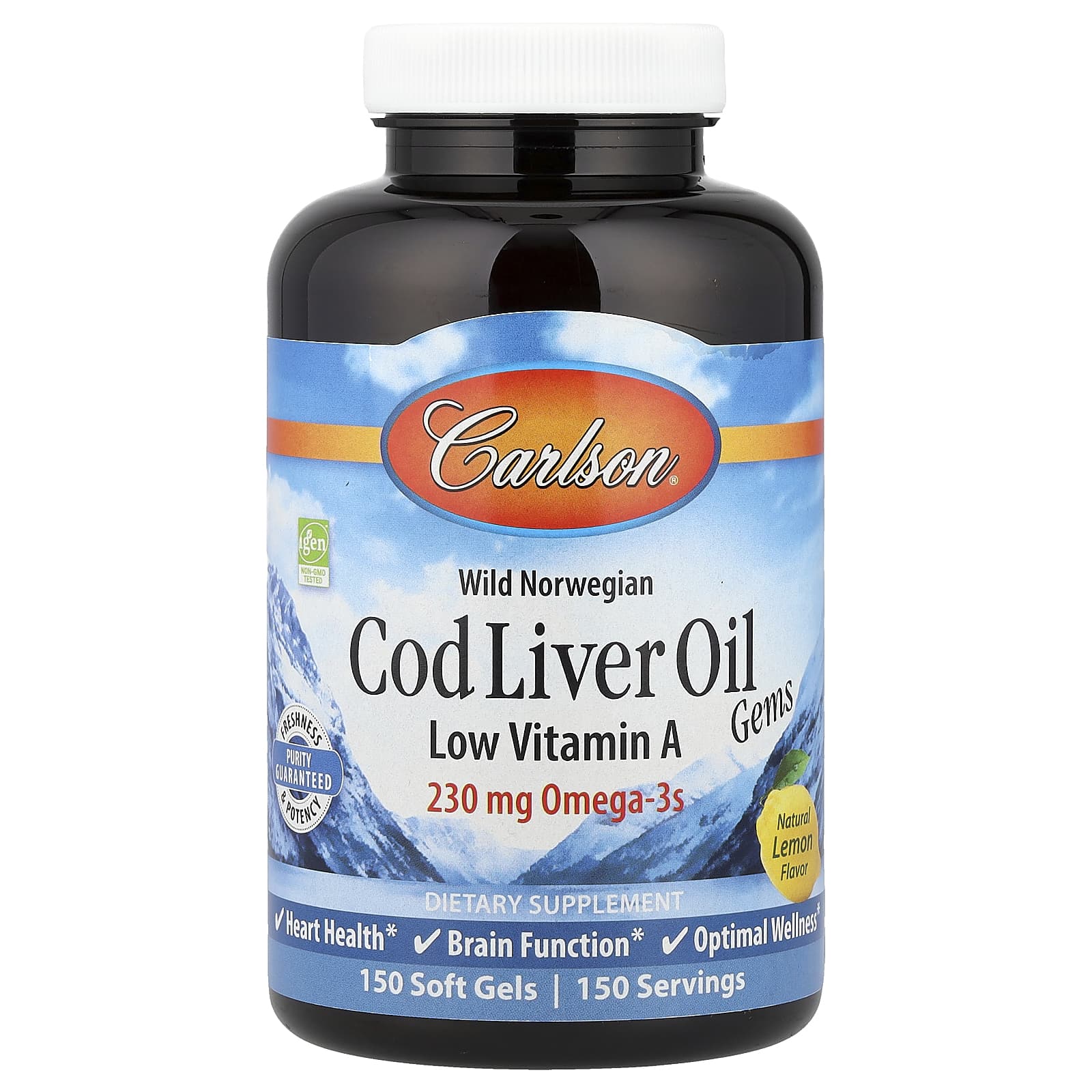 Carlson Wild Norwegian, Cod Liver Oil Gems, Low Vitamin A – Natural Lemon – 150 capsules molles — Tunisie