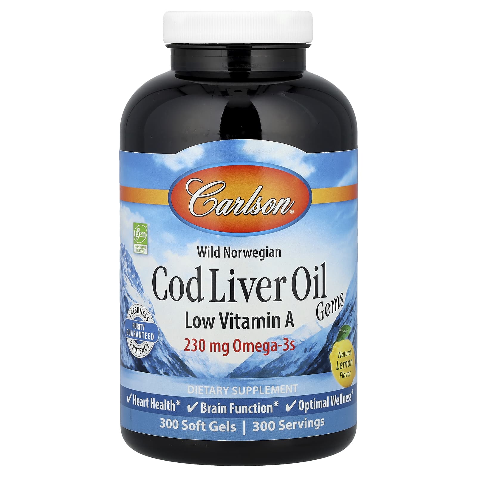 Carlson Wild Norwegian, Cod Liver Oil Gems, Low Vitamin A – Natural Lemon – 300 capsules molles — Tunisie