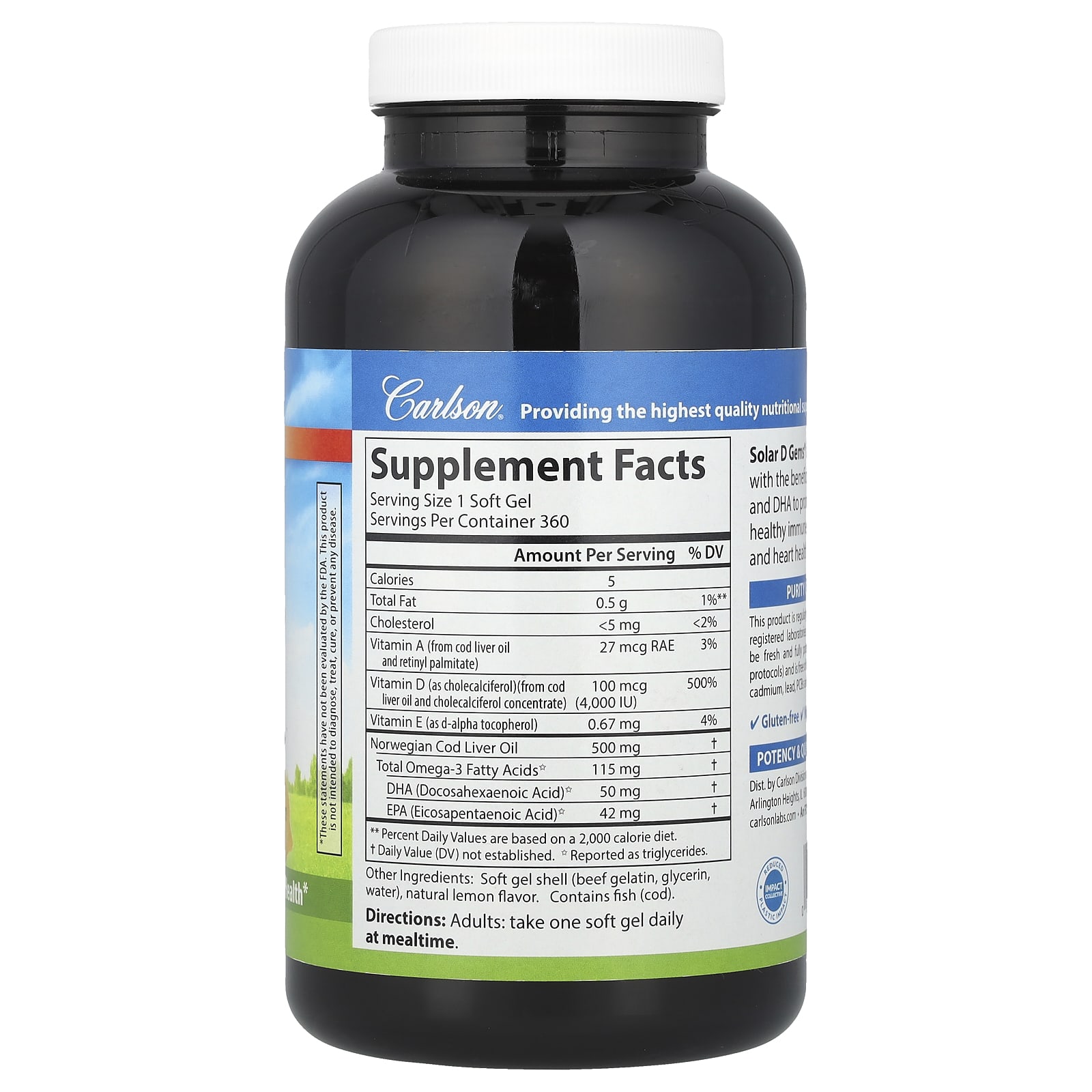 Carlson Solar D Gems – Natural Lemon – 360 capsules molles — photo 2 sur 2