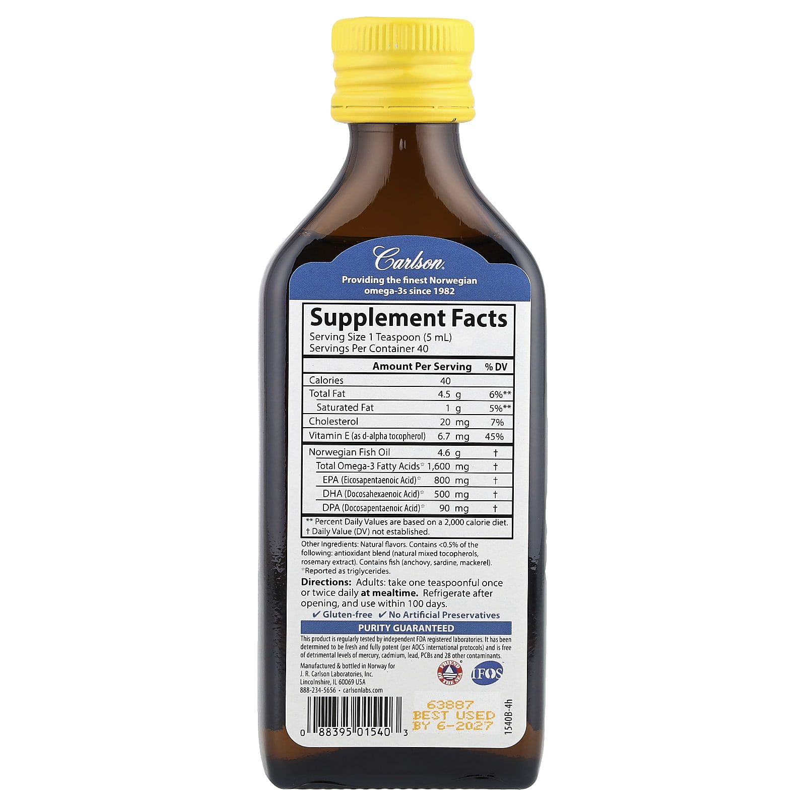 Carlson Norwegian, The Very Finest Fish Oil – Natural Lemon – 200 ml — photo 2 sur 2