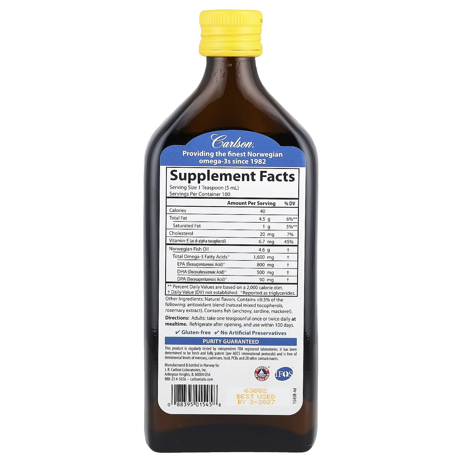 Carlson Norwegian, The Very Finest Fish Oil – Natural Lemon – 500 ml — photo 2 sur 2