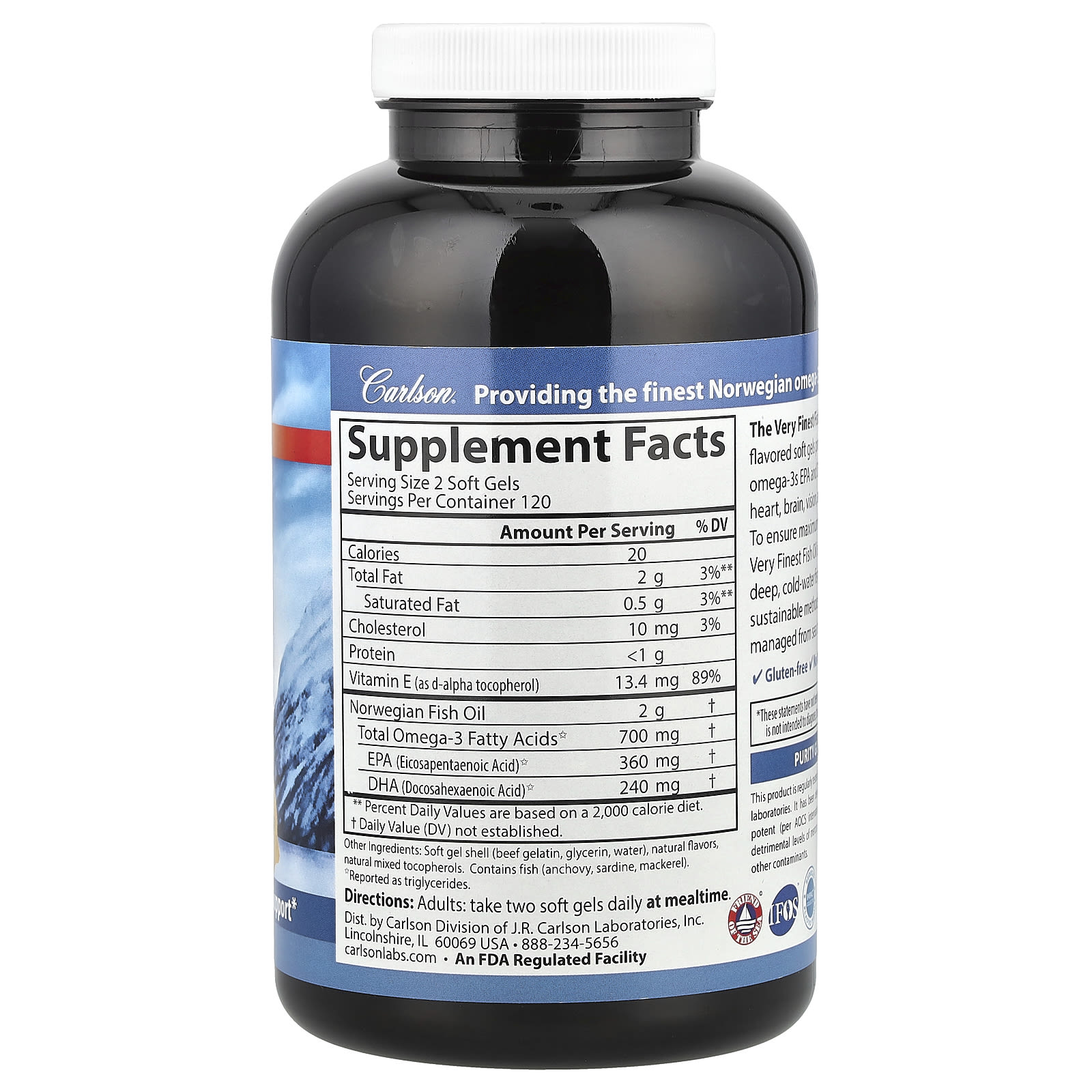 Carlson The Very Finest Fish Oil – Natural Lemon – 240 capsules molles — photo 2 sur 2