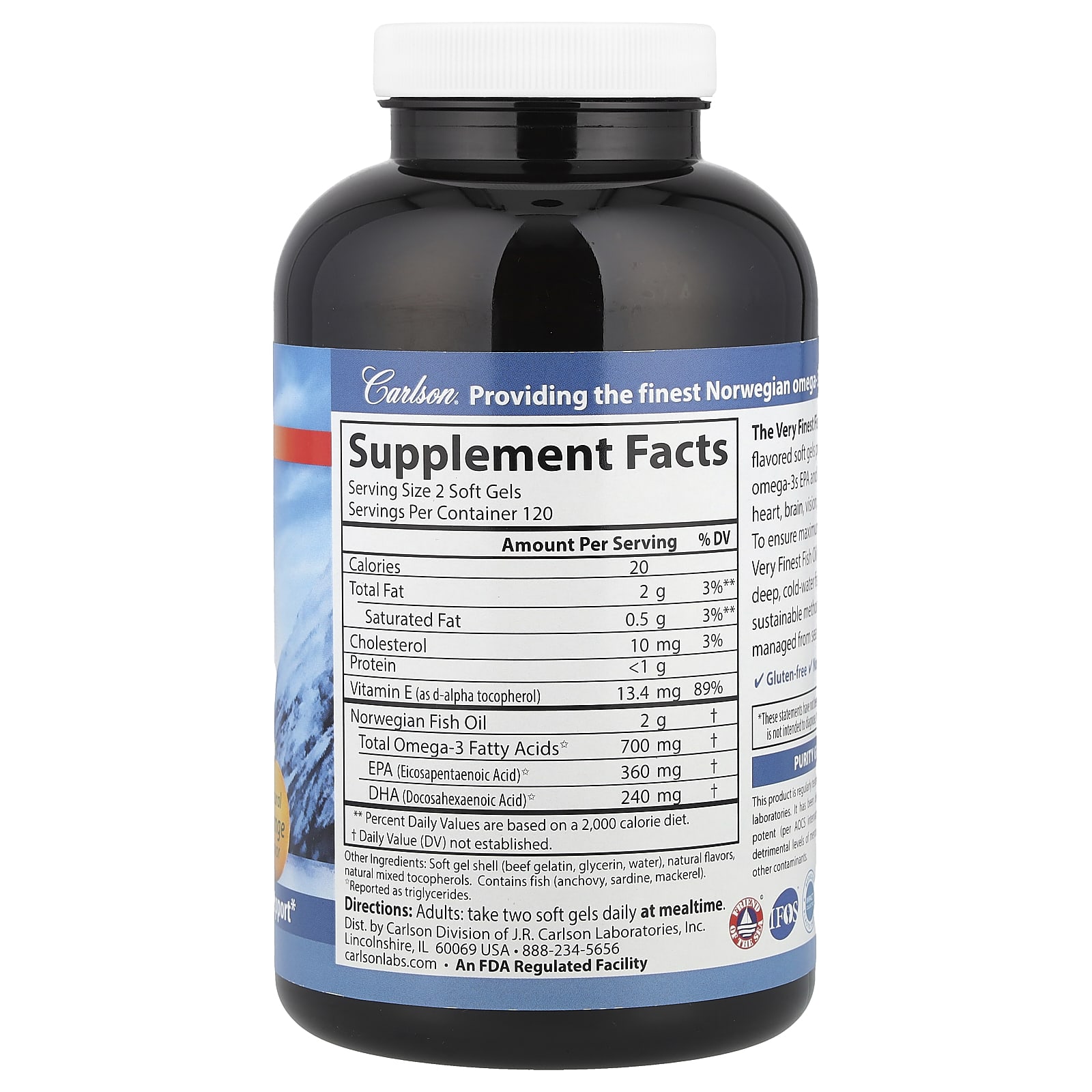 Carlson The Very Finest Fish Oil – Natural Orange – 240 capsules molles — photo 2 sur 2