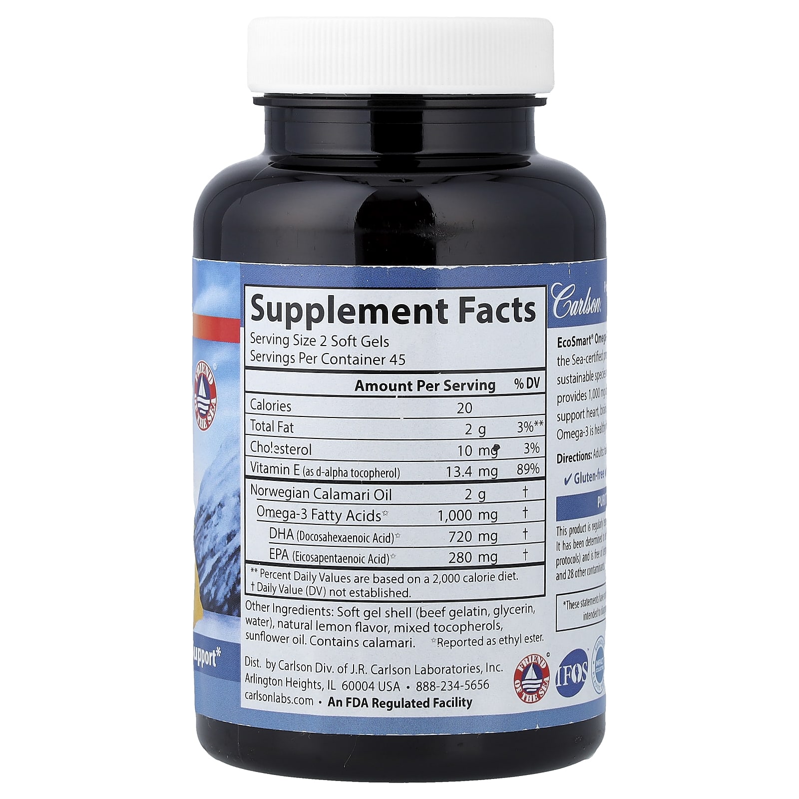 Carlson Wild Norwegian EcoSmart Omega-3 – Natural Lemon – 90 capsules molles — photo 2 sur 2