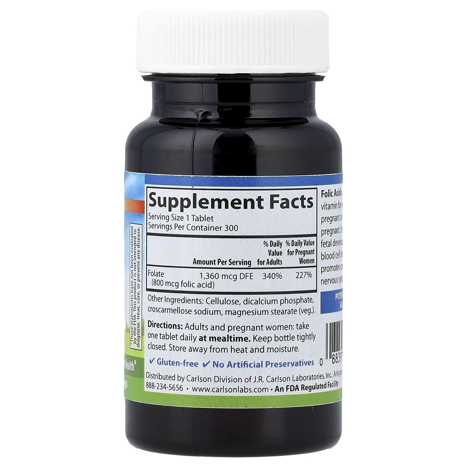 Carlson Folic Acid – 300 comprimés végétariens – 800 µg — photo 2 sur 2