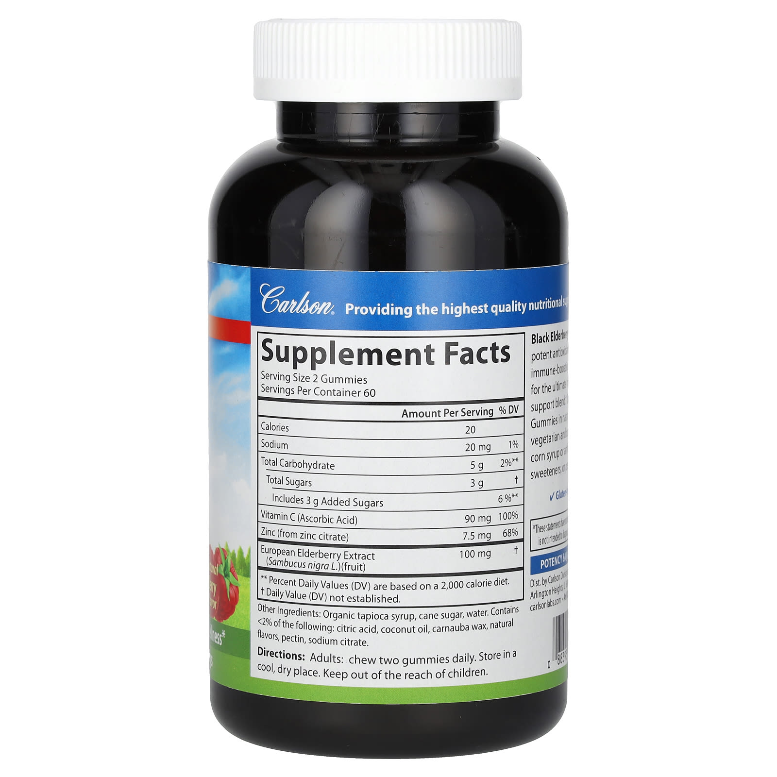 Carlson Black Elderberry Gummies + Vitamin C & Zinc, Natural Berry, 120 Vegetarian Gummies – Black Elderberry Gummies + Vitamin C & Zinc — photo 2 sur 2