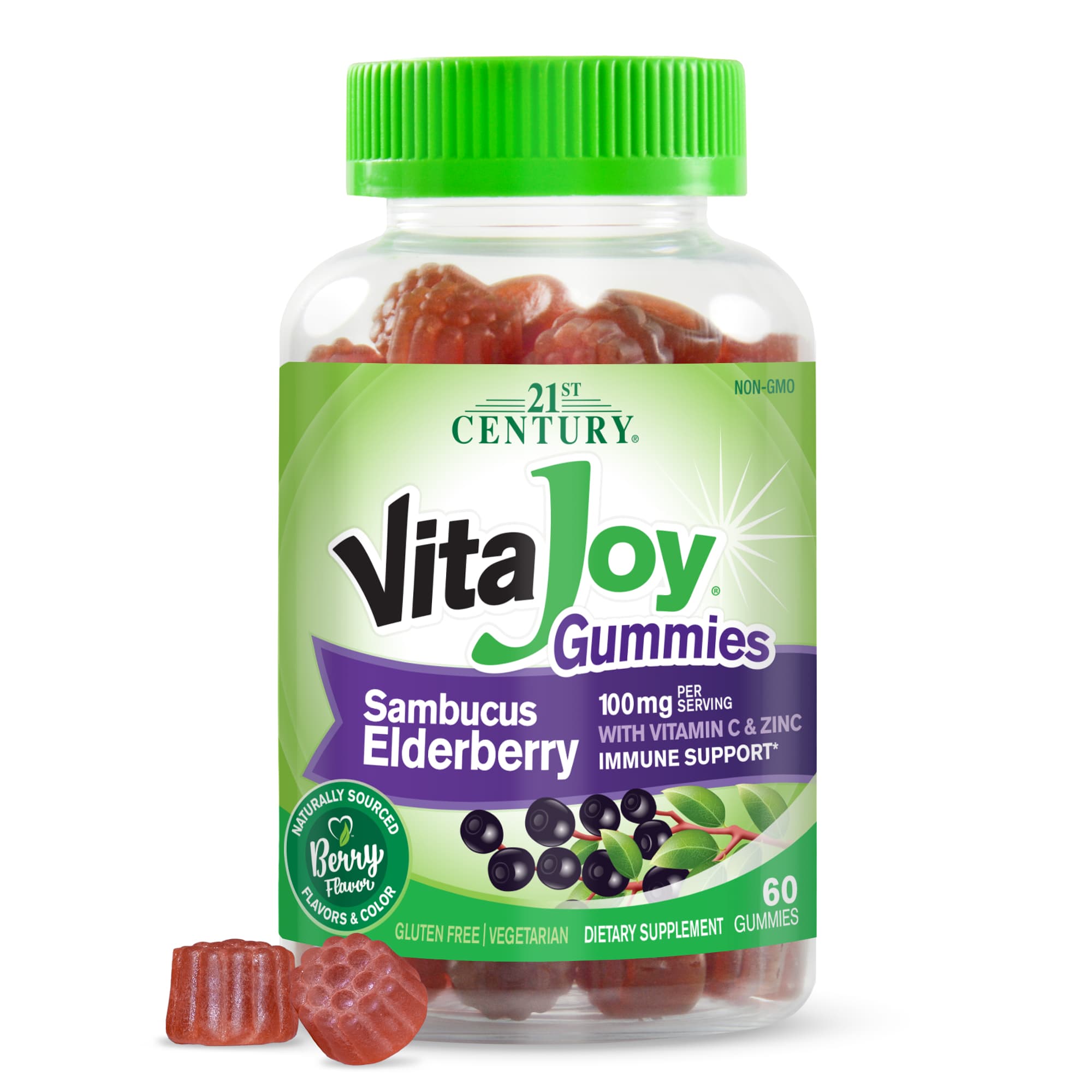 21st Century VitaJoy Sambucus Elderberry With Vitamin C & Zinc Gummies, Berry – VitaJoy Sambucus Elderberry With Vitamin C & Zinc Gummies – 60 gommes — étiquette 1