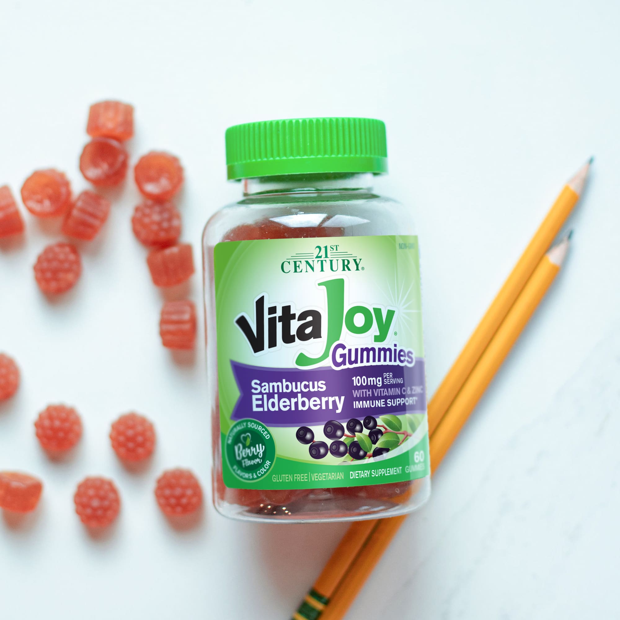 21st Century VitaJoy Sambucus Elderberry With Vitamin C & Zinc Gummies, Berry – VitaJoy Sambucus Elderberry With Vitamin C & Zinc Gummies – 60 gommes — étiquette 2