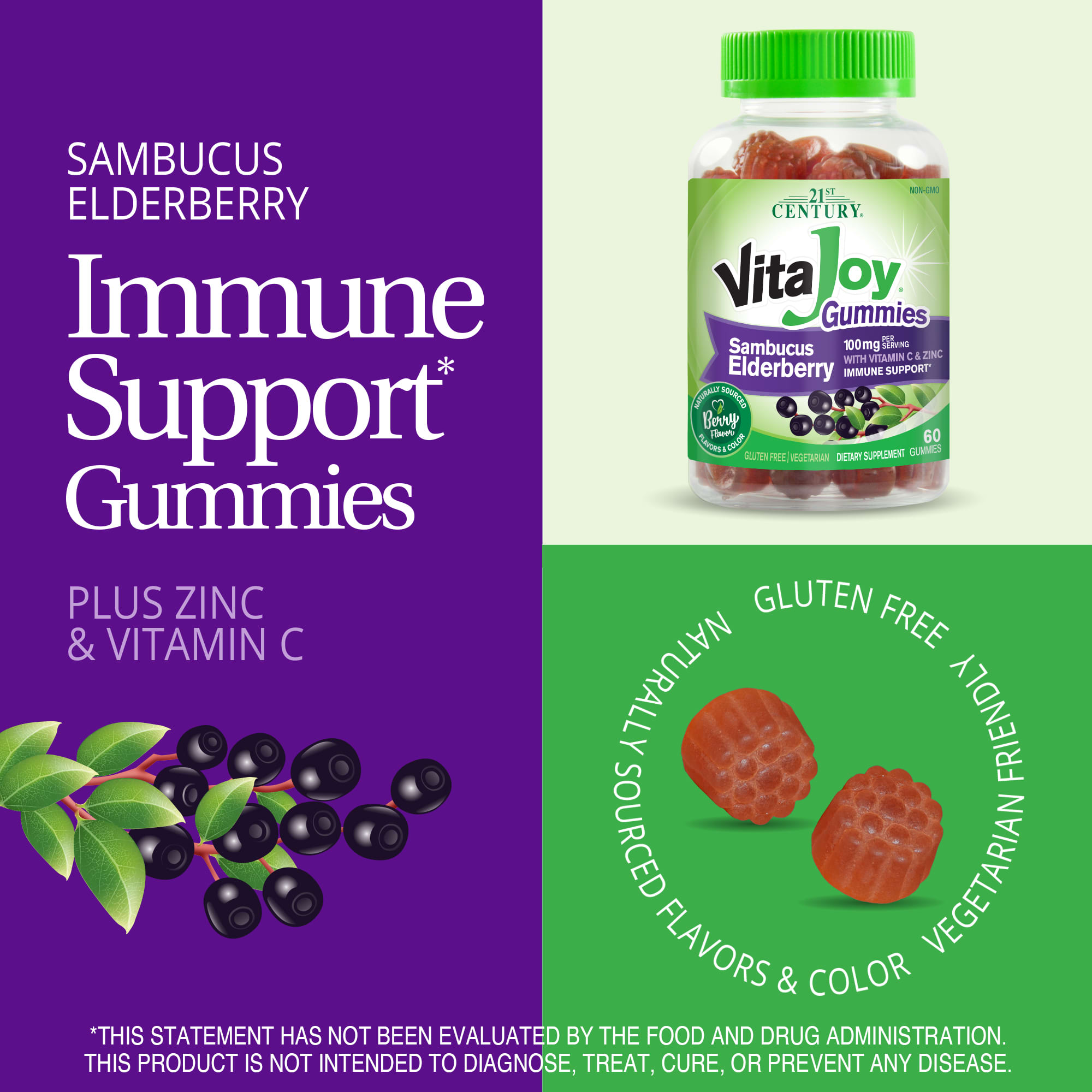 21st Century VitaJoy Sambucus Elderberry With Vitamin C & Zinc Gummies, Berry – VitaJoy Sambucus Elderberry With Vitamin C & Zinc Gummies – 60 gommes — étiquette 3