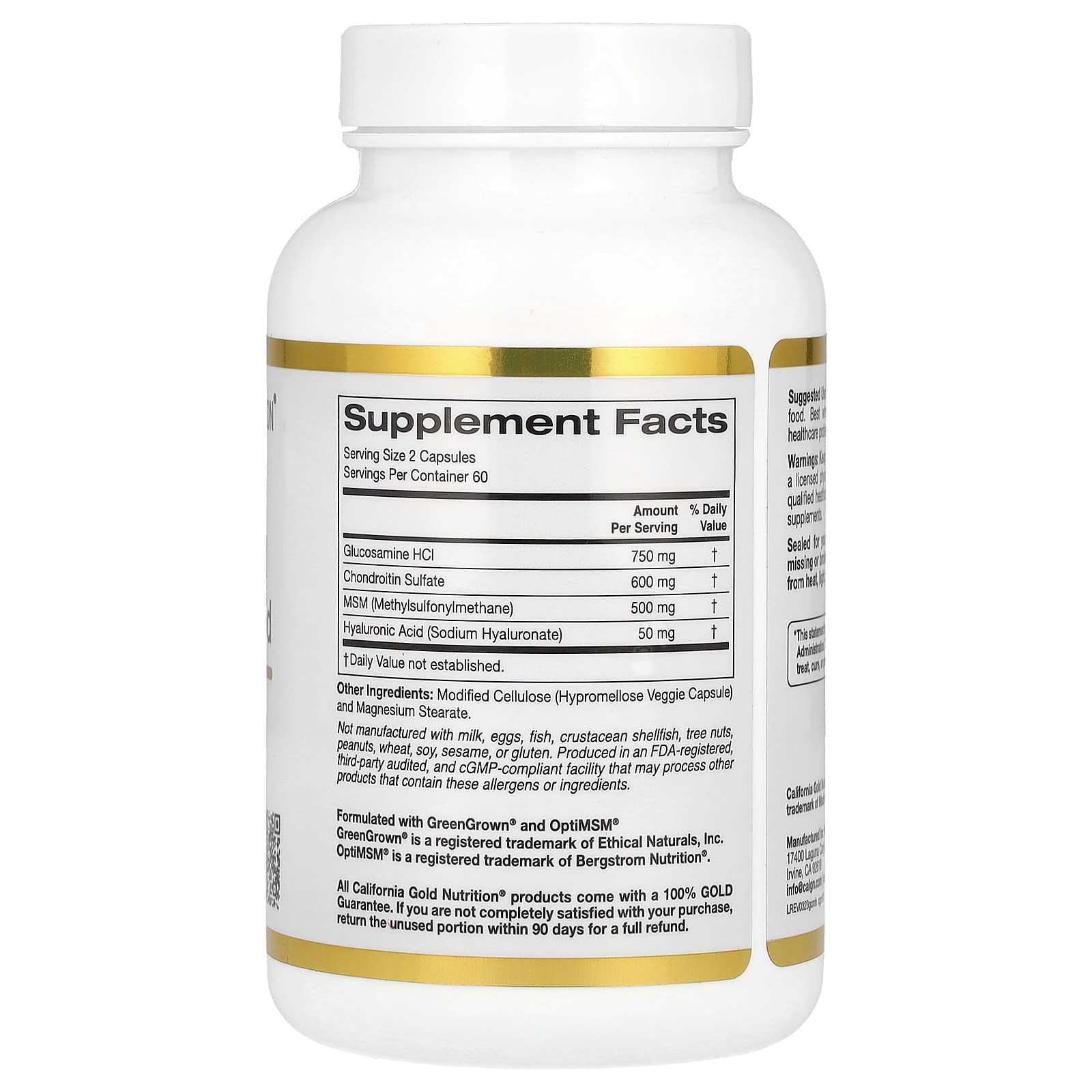 California Gold Nutrition Glucosamine, Chondroitin, MSM Plus Hyaluronic Acid – 120 gélules végétales — photo 2 sur 2