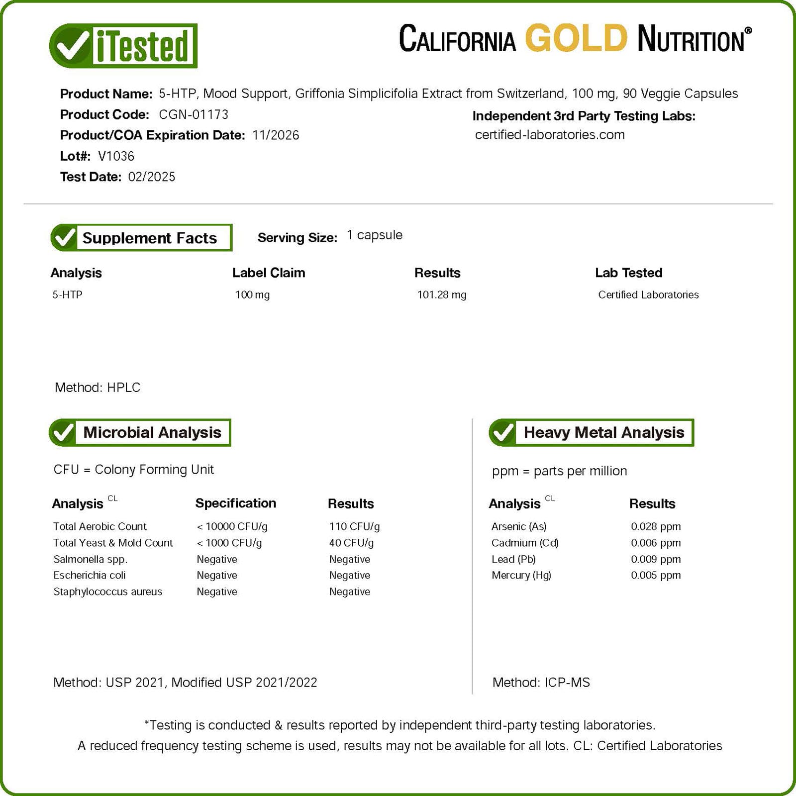 California Gold Nutrition 5-HTP, Mood Support, Griffonia Simplicifolia Extract from Switzerland – 90 gélules végétales — étiquette 3