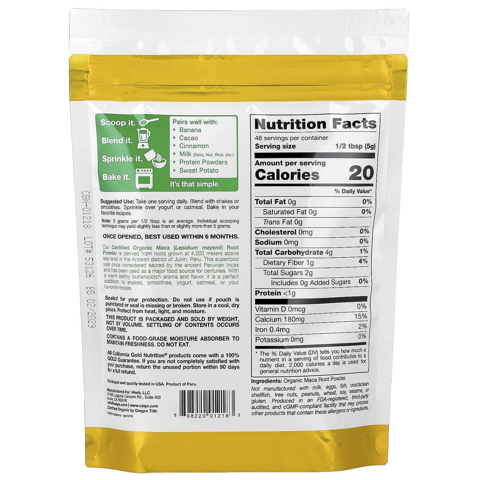 California Gold Nutrition Superfoods, Certified Organic Peruvian Maca Root Powder – 240 g — photo 2 sur 2