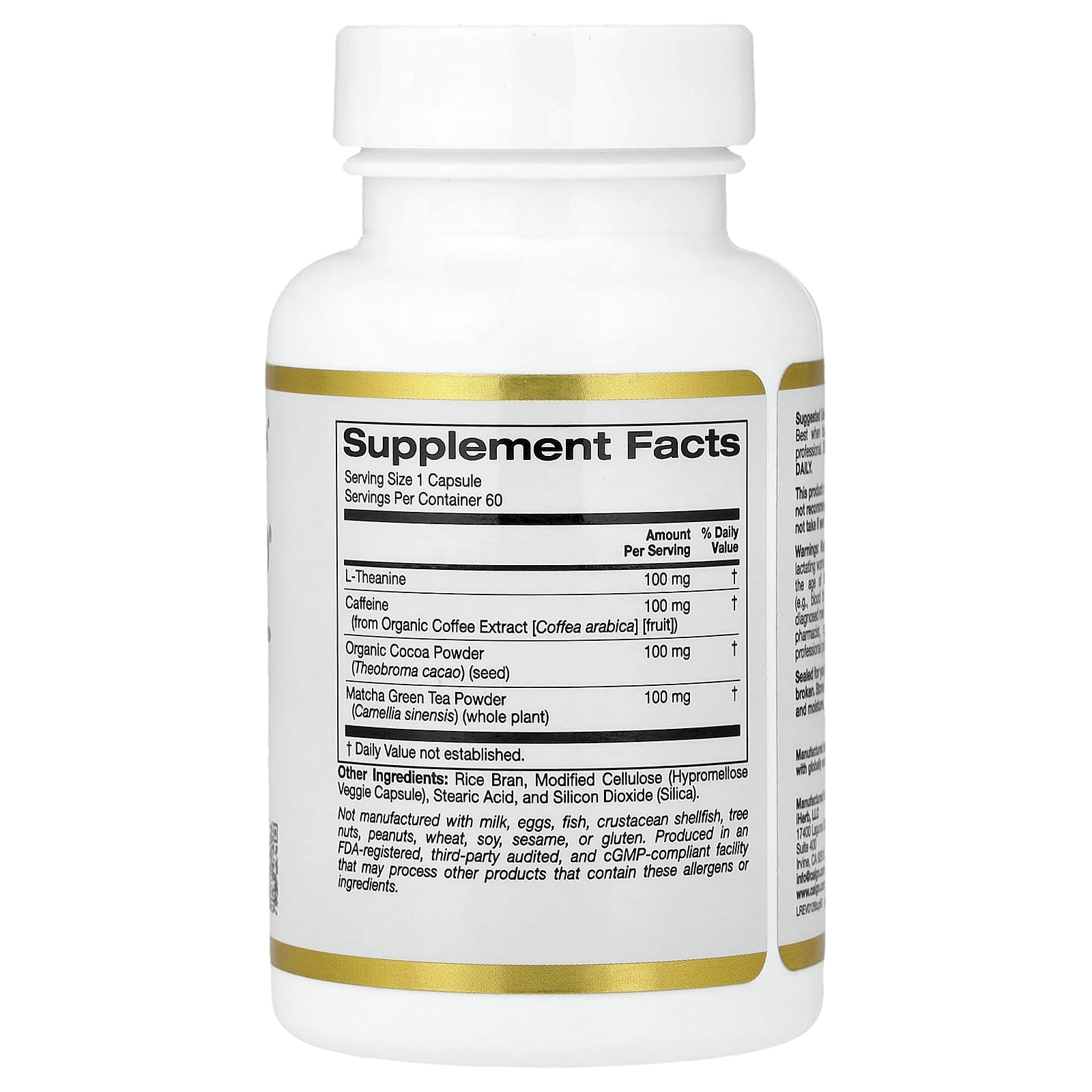 California Gold Nutrition TheanineUP, L-Theanine & Caffeine Plus Cocoa and Matcha – 60 gélules végétales — photo 2 sur 2