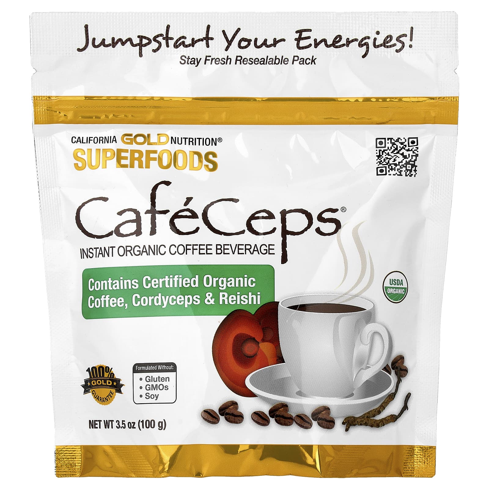 California Gold Nutrition CafeCeps, Organic Cordyceps and Reishi Mushroom Powder – Certified Organic Instant Coffee with Full-Spectrum – 100 g — Tunisie