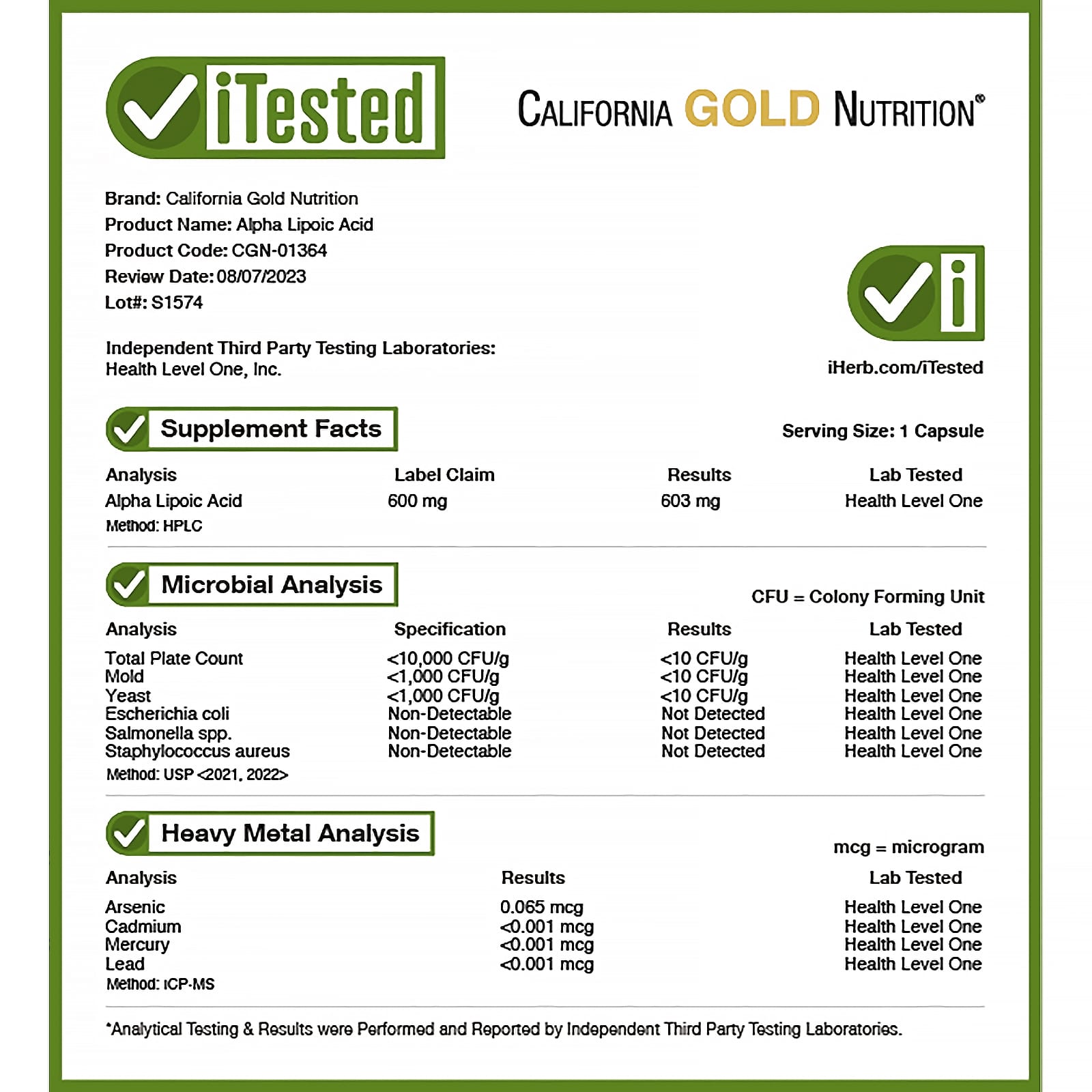 California Gold Nutrition Alpha Lipoic Acid – 120 gélules végétales — étiquette 3