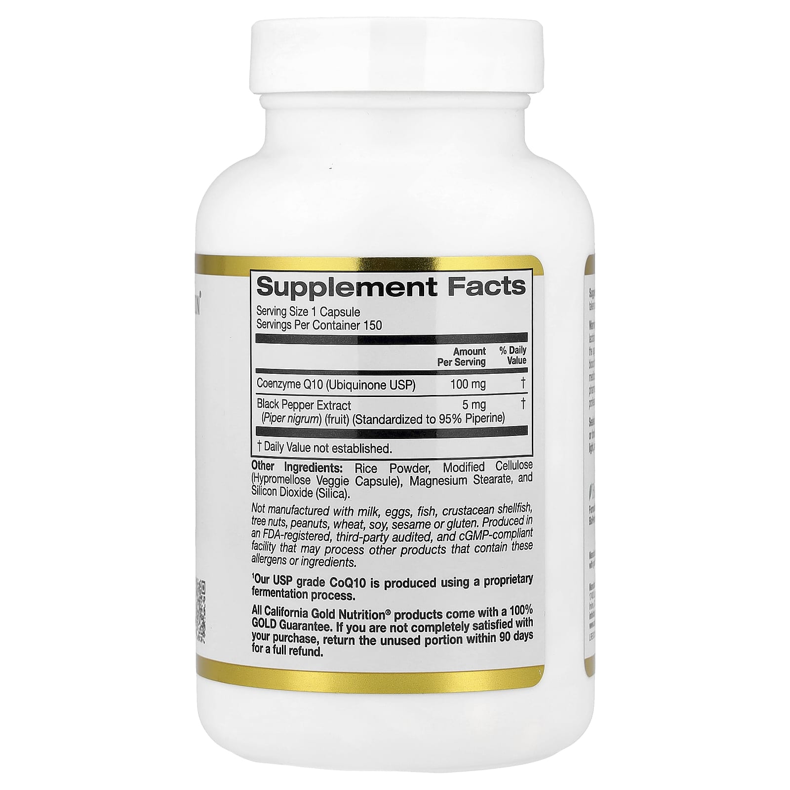 California Gold Nutrition CoQ10, Ubiquinone USP with Bioperine Black Pepper Extract, Enhanced Bioavailability – 150 gélules végétales — photo 2 sur 2