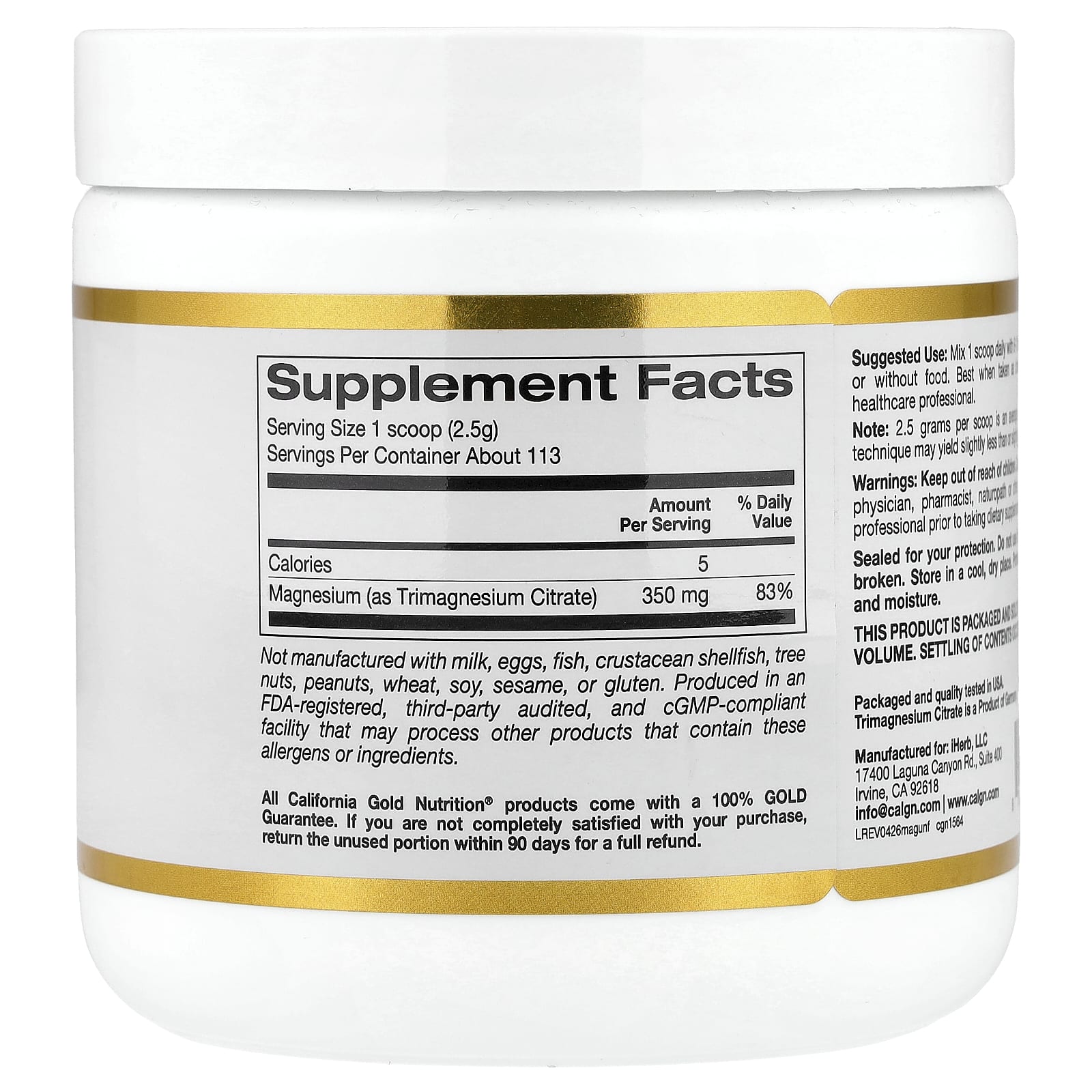 California Gold Nutrition Magnesium Powder Beverage – Sans arôme – 283 g — photo 2 sur 2