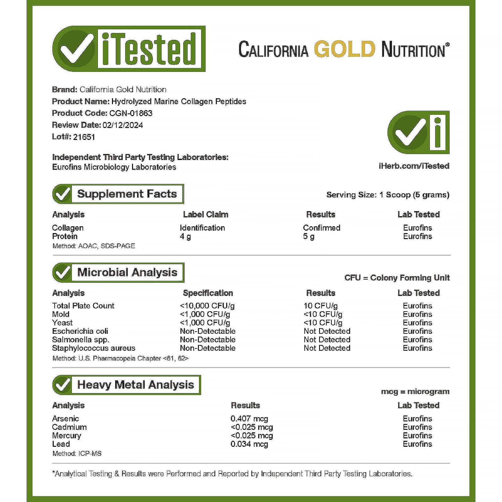 California Gold Nutrition Hydrolyzed Marine Collagen Peptides – Sans arôme – 200 g — étiquette 4