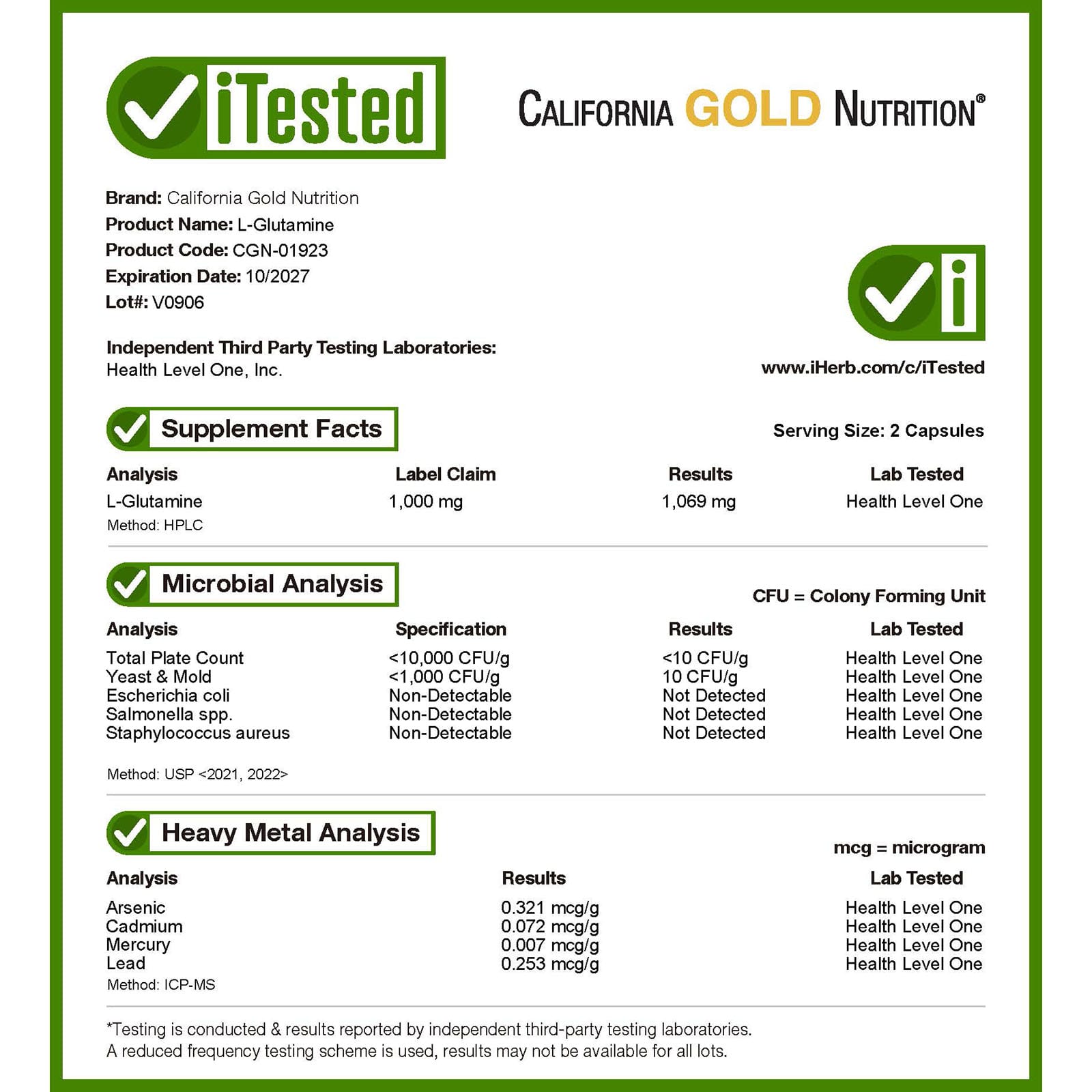 California Gold Nutrition L-Glutamine, AjiPure – 120 gélules végétales — étiquette 3