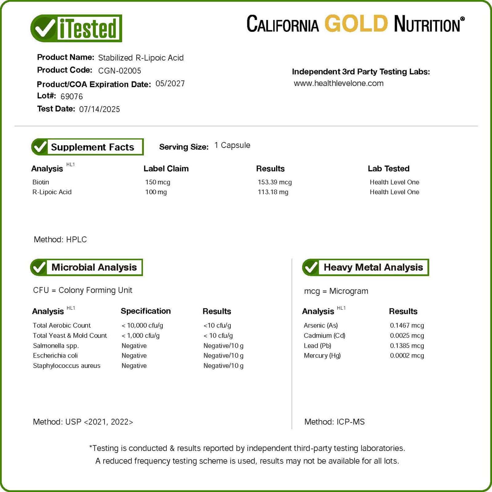 California Gold Nutrition Stabilized R-Lipoic Acid with Bio-Enhanced Na-RALA and Biotin – 120 gélules végétales — étiquette 3