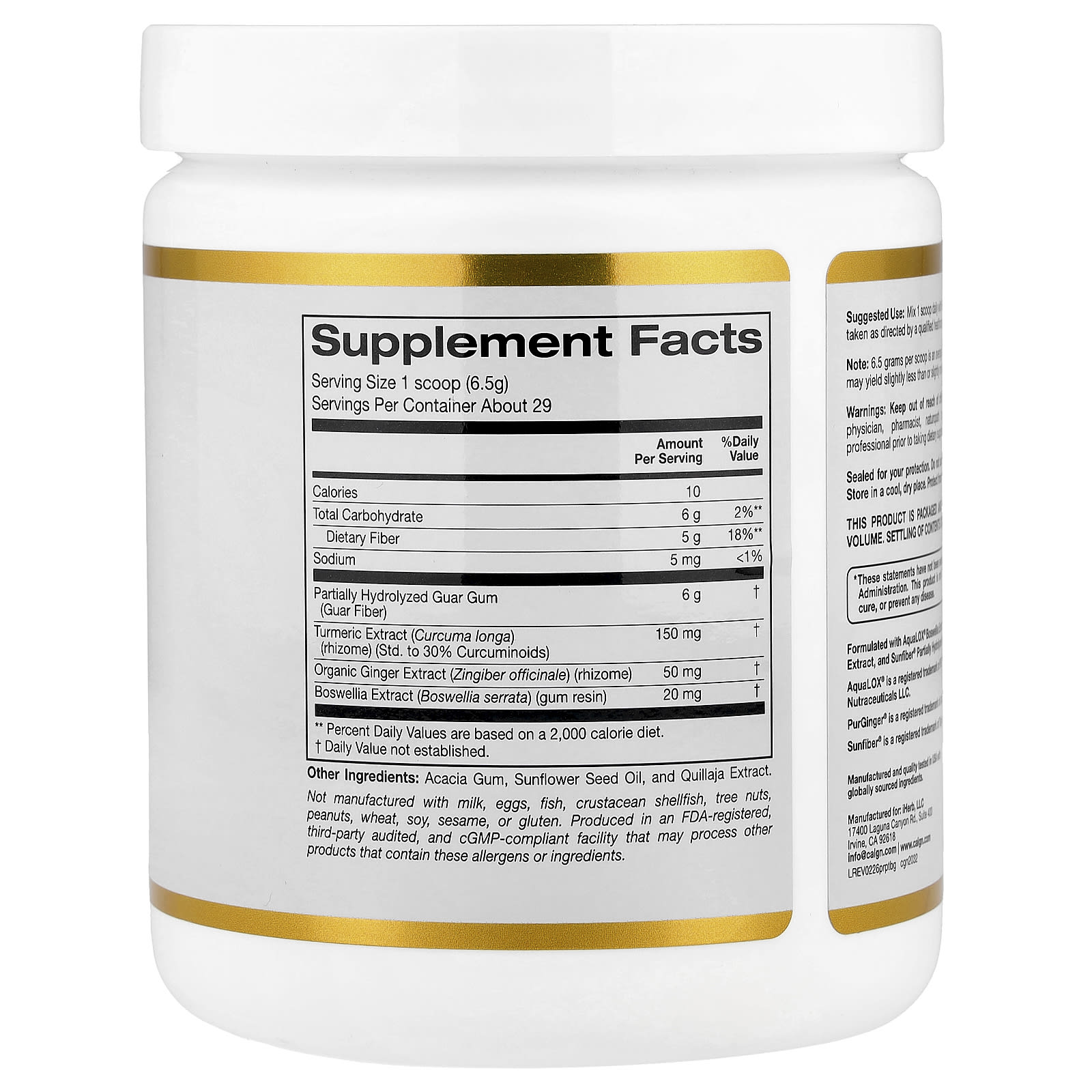 California Gold Nutrition Prebiotic Fiber Plus Turmeric Extract, Organic Ginger Extract and Boswellia Extract – 189 g — photo 2 sur 2