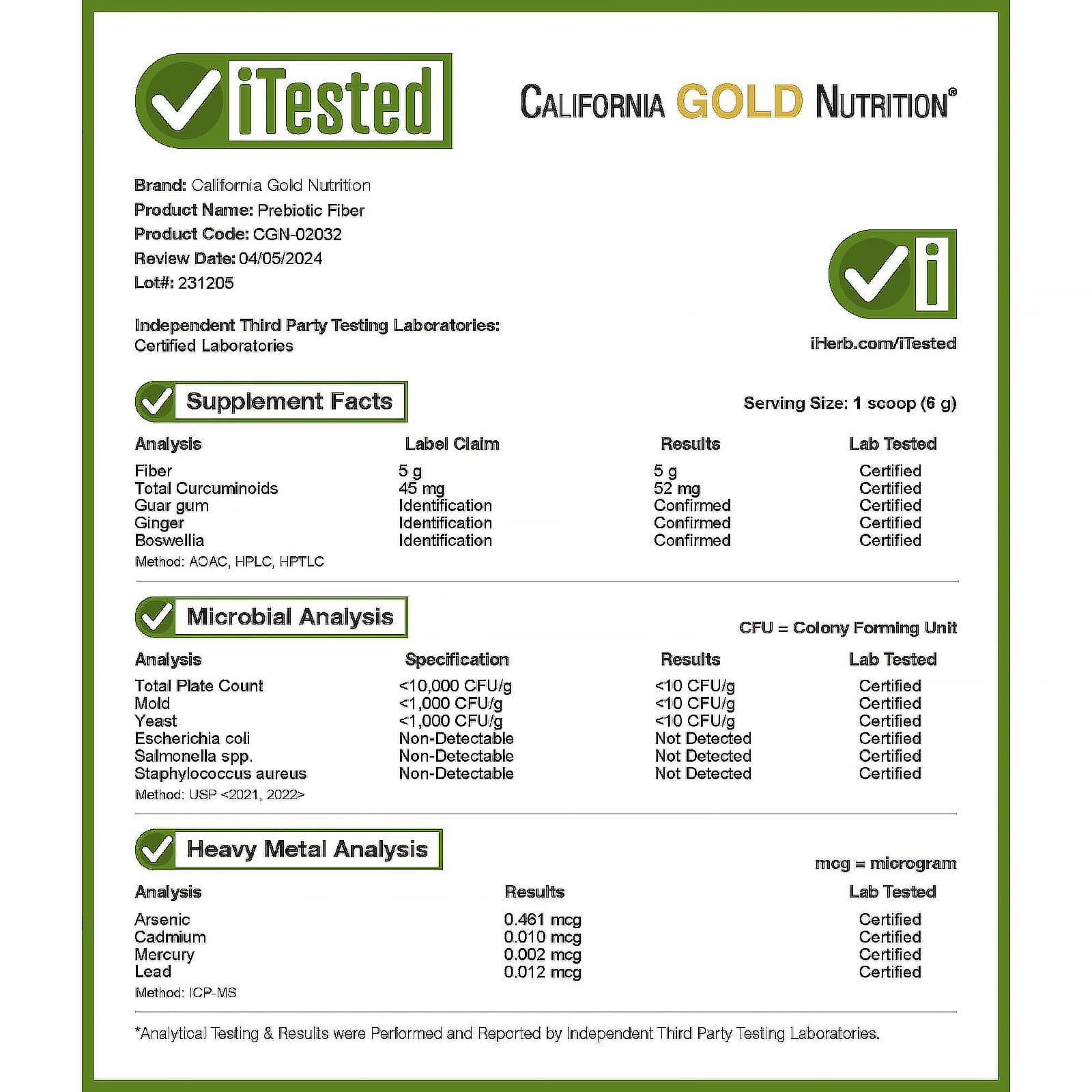 California Gold Nutrition Prebiotic Fiber Plus Turmeric Extract, Organic Ginger Extract and Boswellia Extract – 189 g — étiquette 3