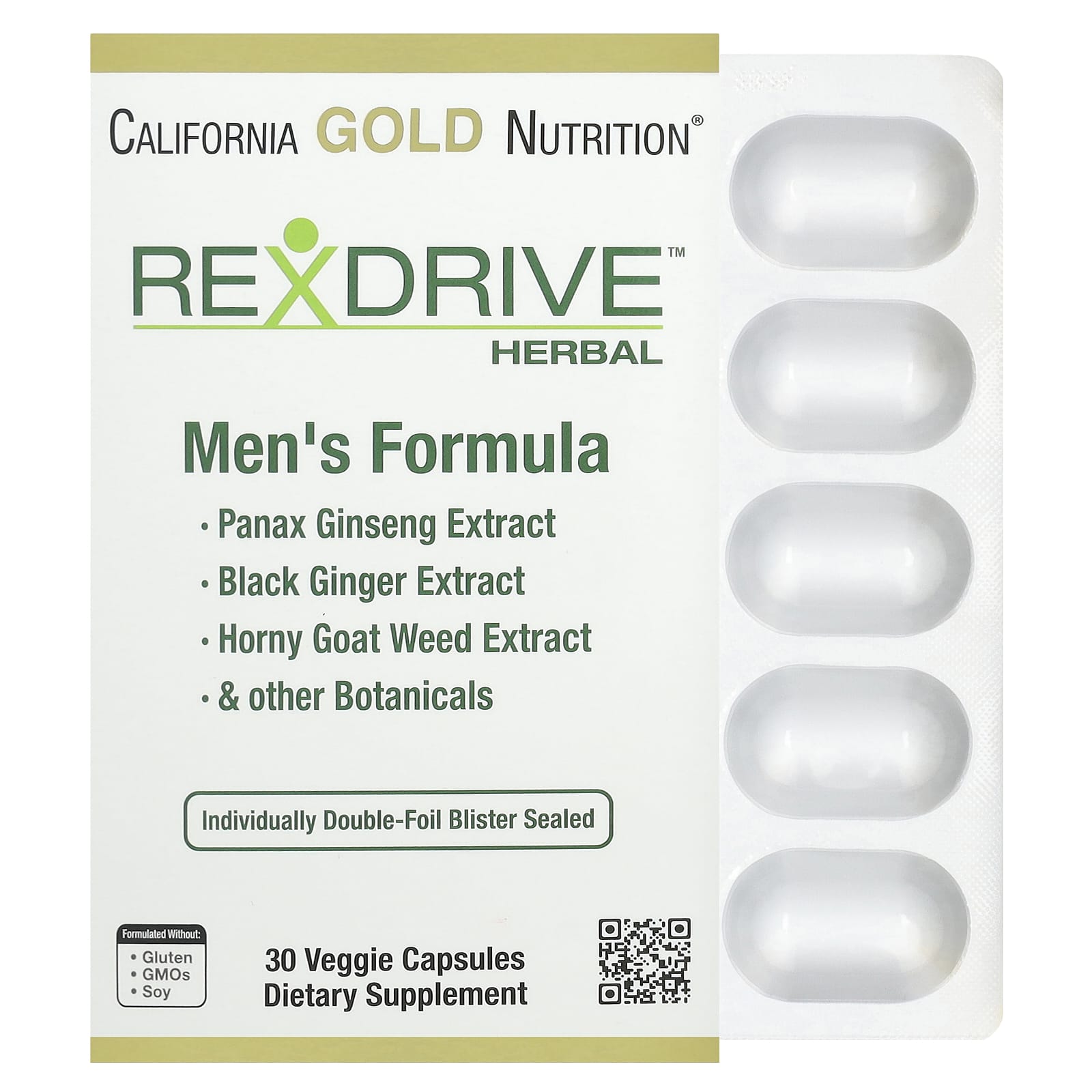 California Gold Nutrition Rexdrive Men's Herbal Performance Formula with Panax Ginseng, Black Ginger, and Horny Goat Weed Extracts plus Botanical Blends – 30 gélules végétales — Tunisie